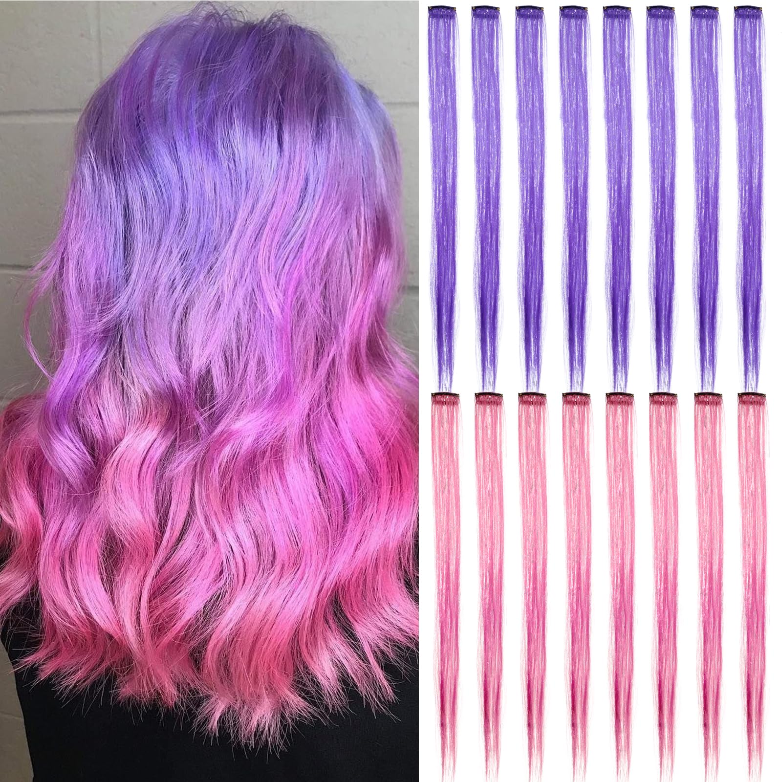 Oruola 16pcs Coloured Hair Extensions,Hair Extensions Clip in Kids,22 Inch Purple Hairs Extension,Highlighted Colourful Straight Synthetic Hairpieces for Party and Daily Use