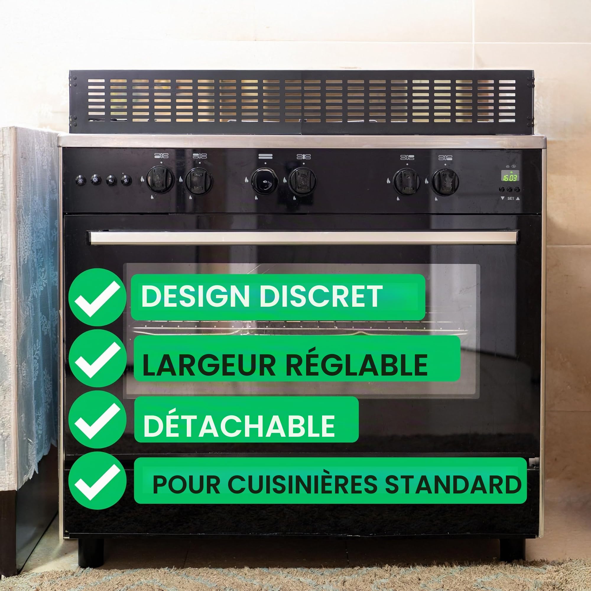Grille de protection cuisinière sécurité enfant extensible 45-70 cm noir avec porte four bébé ailes latérales charnières