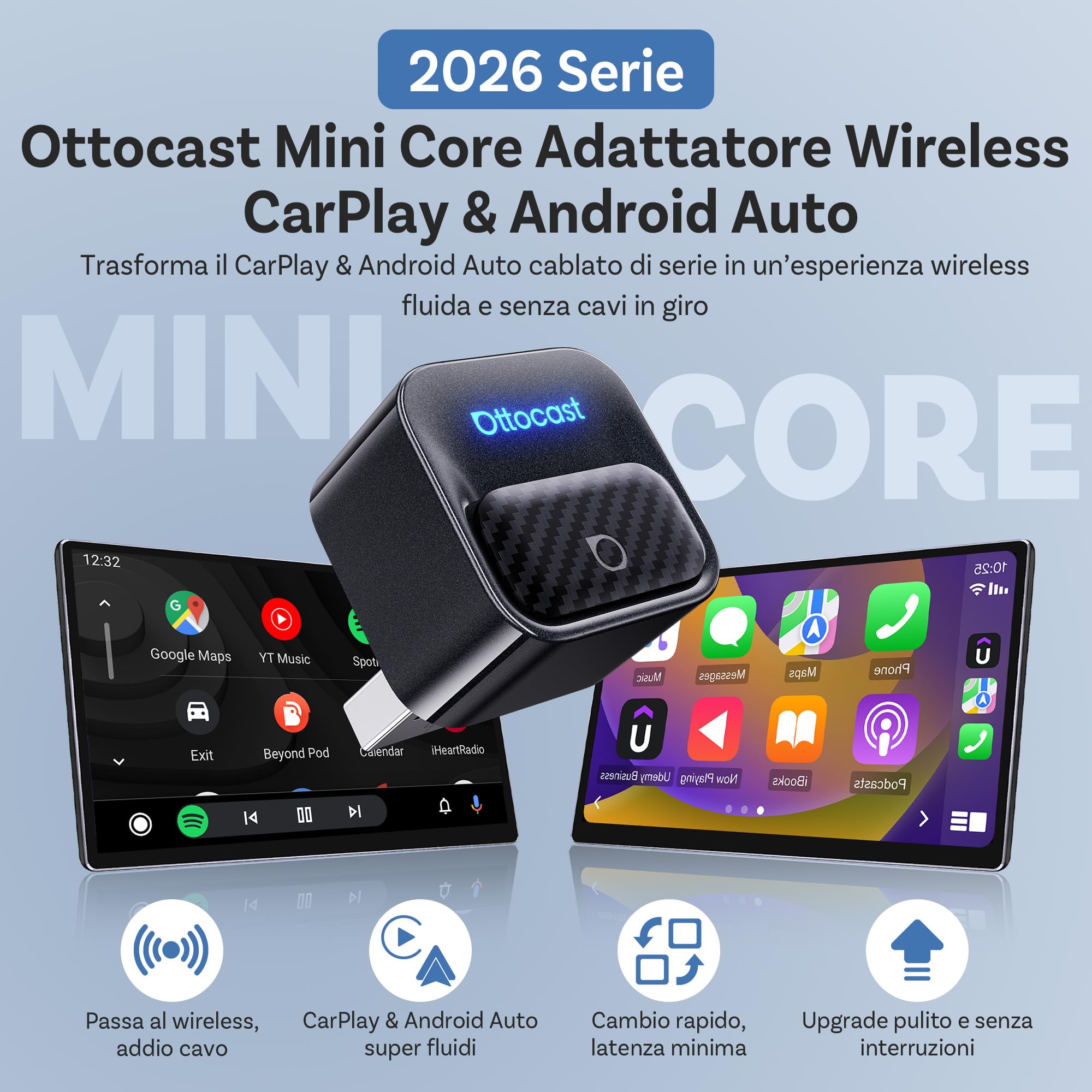 OTTOCAST Mini Core Adattatore Wireless 2 in 1 per CarPlay e Android Auto, Dongle Compatto con Wi-Fi 6 e Bluetooth 5.4, Pulsante Smart Switch, Connessione Automatica