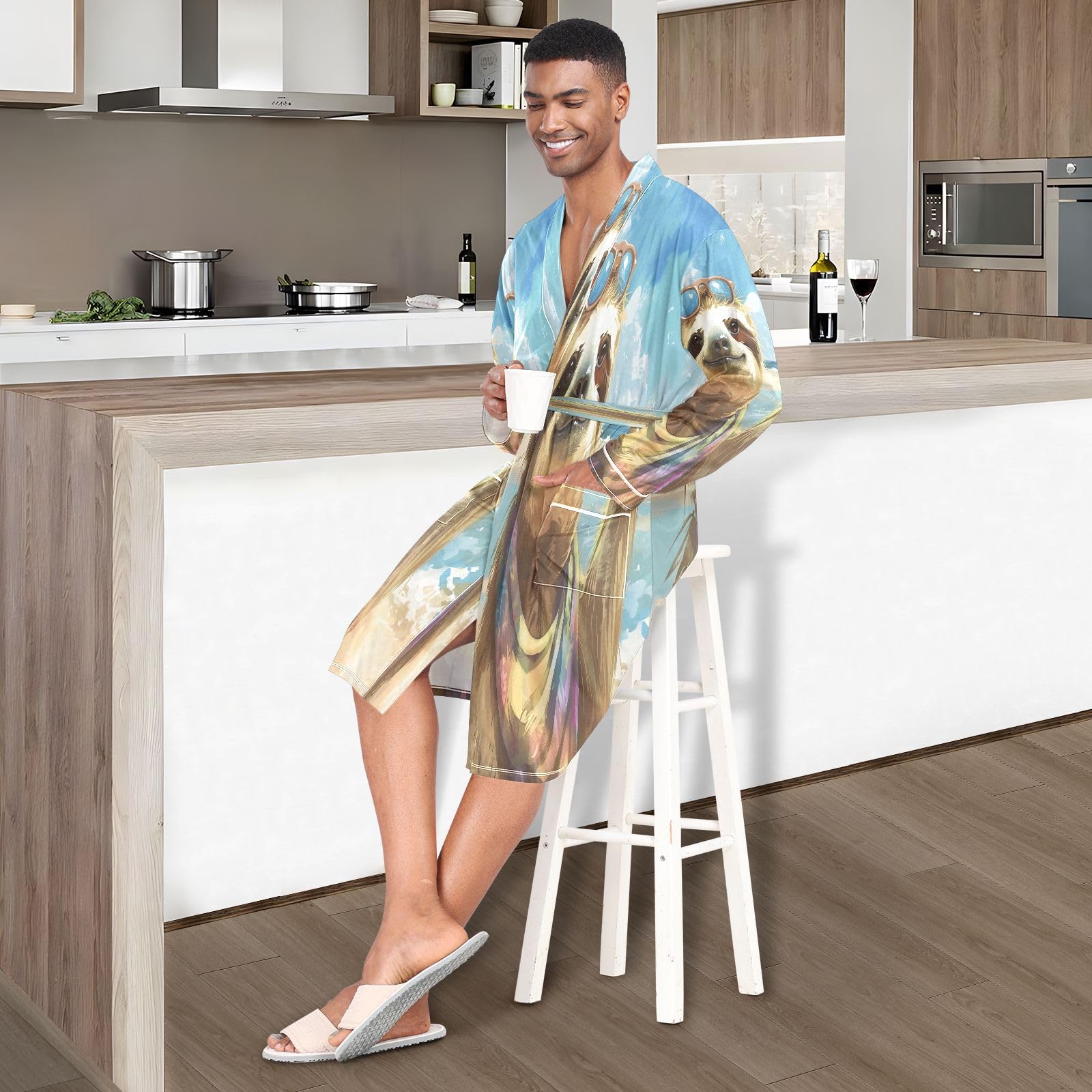 Accappatoio leggero da uomo, con bradipo in stile cartone animato, spiaggia, colori freschi e vivaci