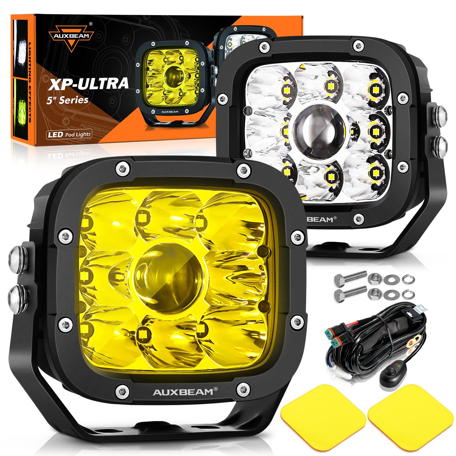 Auxbeam 5 Inch LED Pods, XP-Ultra Series Offroad Driving Light 110W Super Spotlight Cube Light Bar Amber Cover, Super Bright Amber Yellow Fog Lights for Truck Jeep Ford Bumper Roof, 2 Years Warranty
