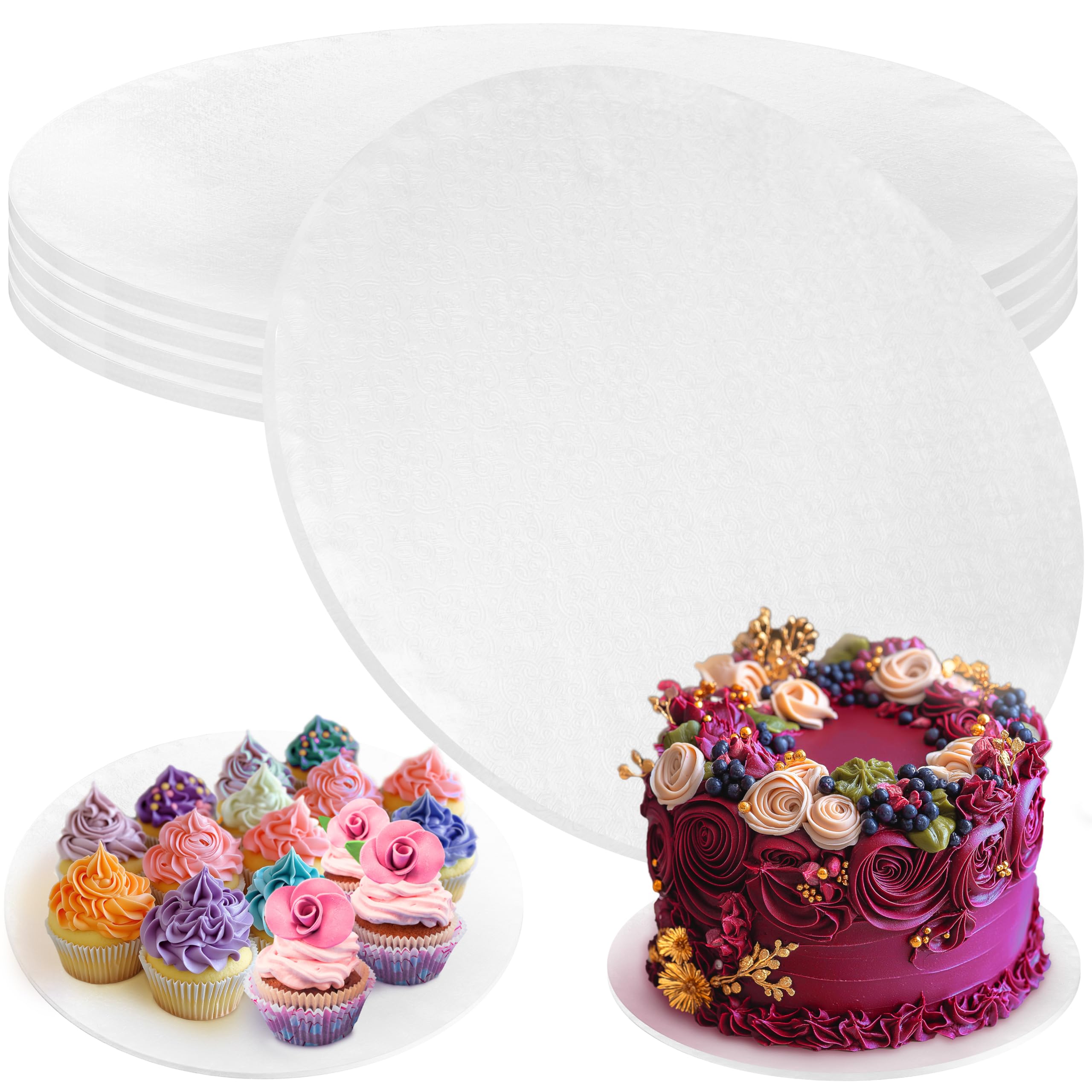 Cake Boards - 4 Pack, 14 inch, White - Reusable Round Cake Drums for Showstopping Desserts - Heavy-Duty Disposable Cardboard Cake Bases with Smooth