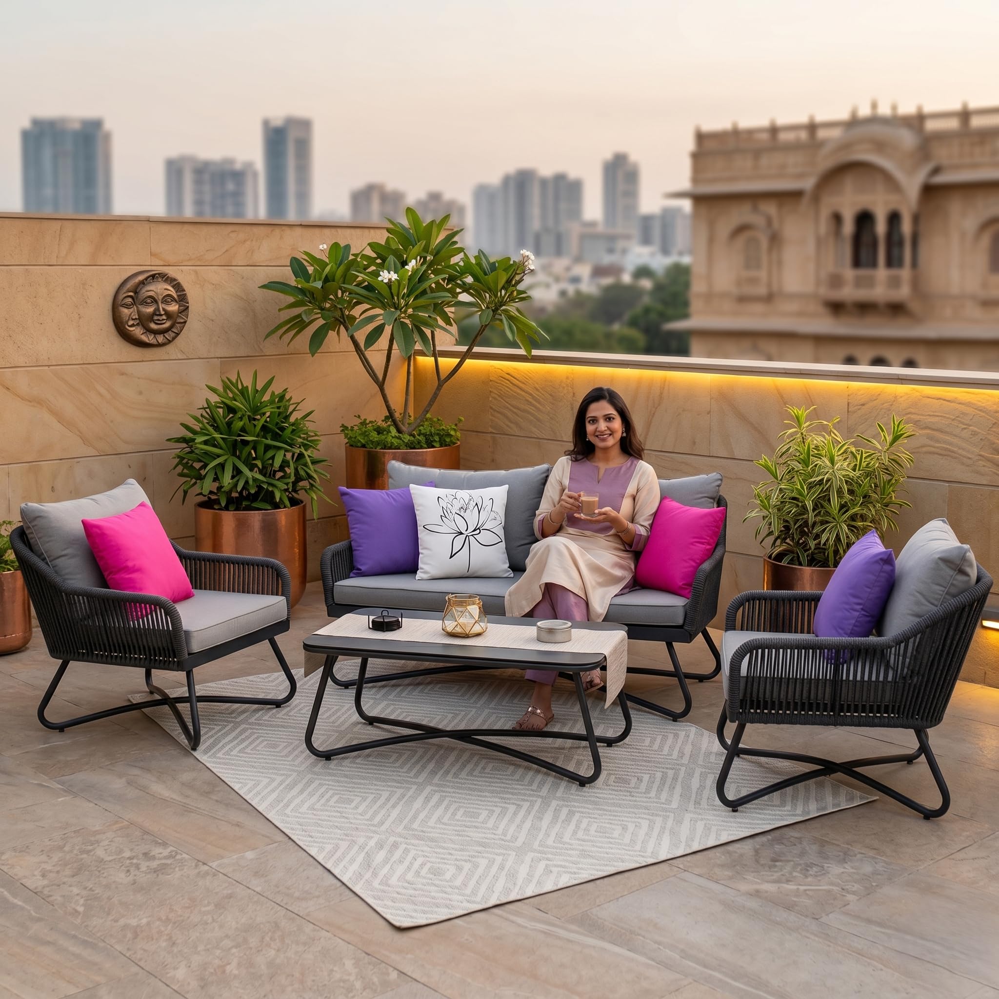 LOCCUS 4 Seater Outdoor Rope Patio Sofa Set with Cushions and Center Table | Garden Conversation Furniture for Balcony, Terrace, Lawn & Poolside | All Weather-Resistant Outdoor Lounge Seating (Grey)-image-3