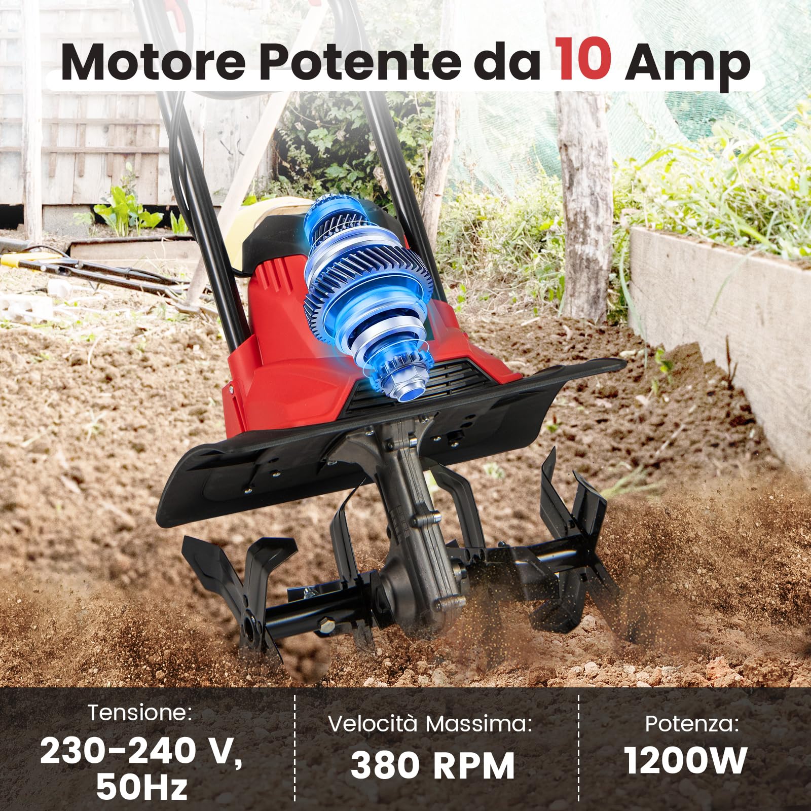 RELAX4LIFE Motozappa Elettrica 1200W/750W, Zappatrice con Larghezza di Lavoro: 36cm/32cm, Profondità: 22cm, Pulsante di Sicurezza e Maniglia Pratica, Motozappa per Giardino e Prato (Rosso | 1200W)