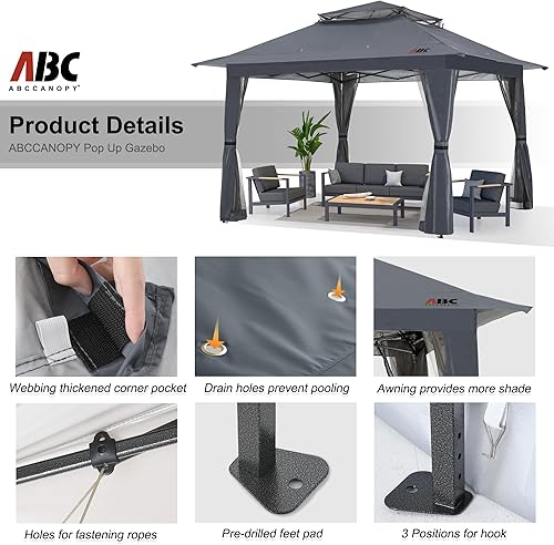 Miniatura 2 de ABCCANOPY Cenador desplegable de 13 x 13, tienda de campaña para exteriores, refugio con mosquitera para patio, jardín, patio, fiesta, campamento