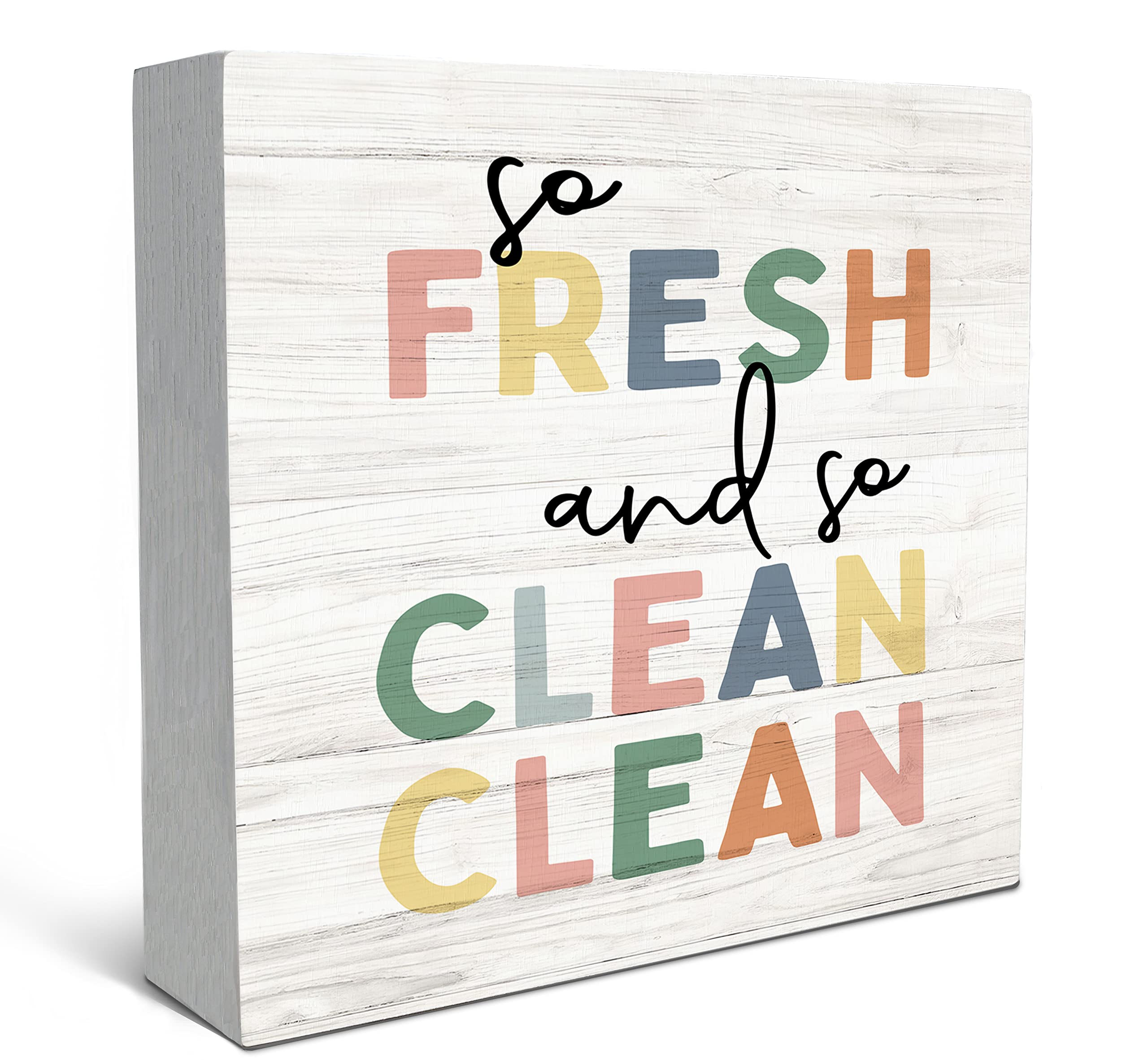 SRADMO Kid's Bathroom Quote So Fresh So Clean Wood Box Sign Desk Decor, Funny Bathroom Wooden Block Box Sign Decoration For Children Restroom Toilet Shelf Table Decor