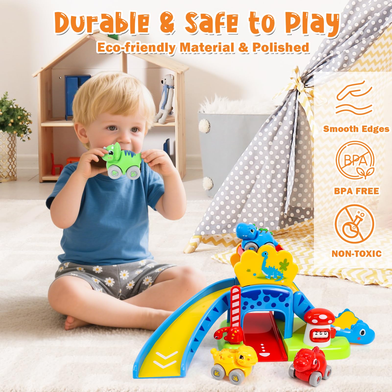 XIAPIA Jouet Bébé 1-2 Ans, Piste de Course pour Voitures Dinosaures, Cadeau d'anniversaire pour Garçon Fille 1 an, Jouet Montessori pour Tout-Petits 12-18 Mois, Jeux de Motricité Dinosaure