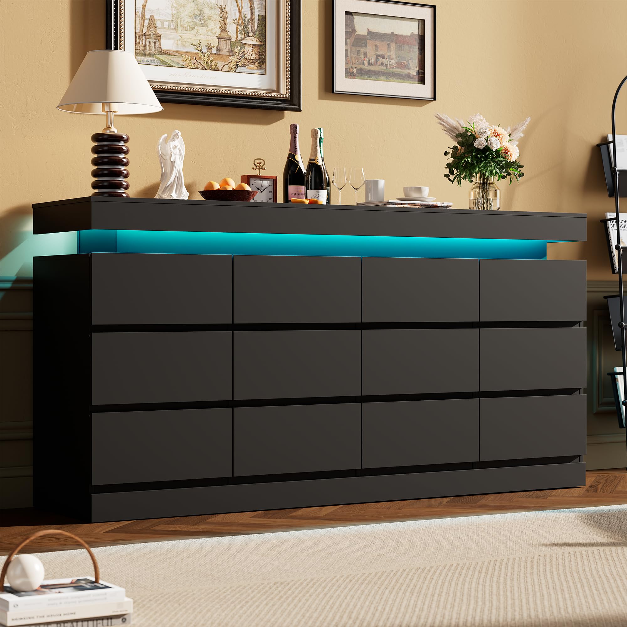 Photo 1 of **DAMAGED PIECES, FOR PARTS ONLY** Garvee 12 Drawer Dresser for Bedroom - 63” Wide Chest of Drawers with LED Light and Charging Station, Large TV Stand Multi-Function Home Organizer for Living Room, Entryway, Hallway, Black