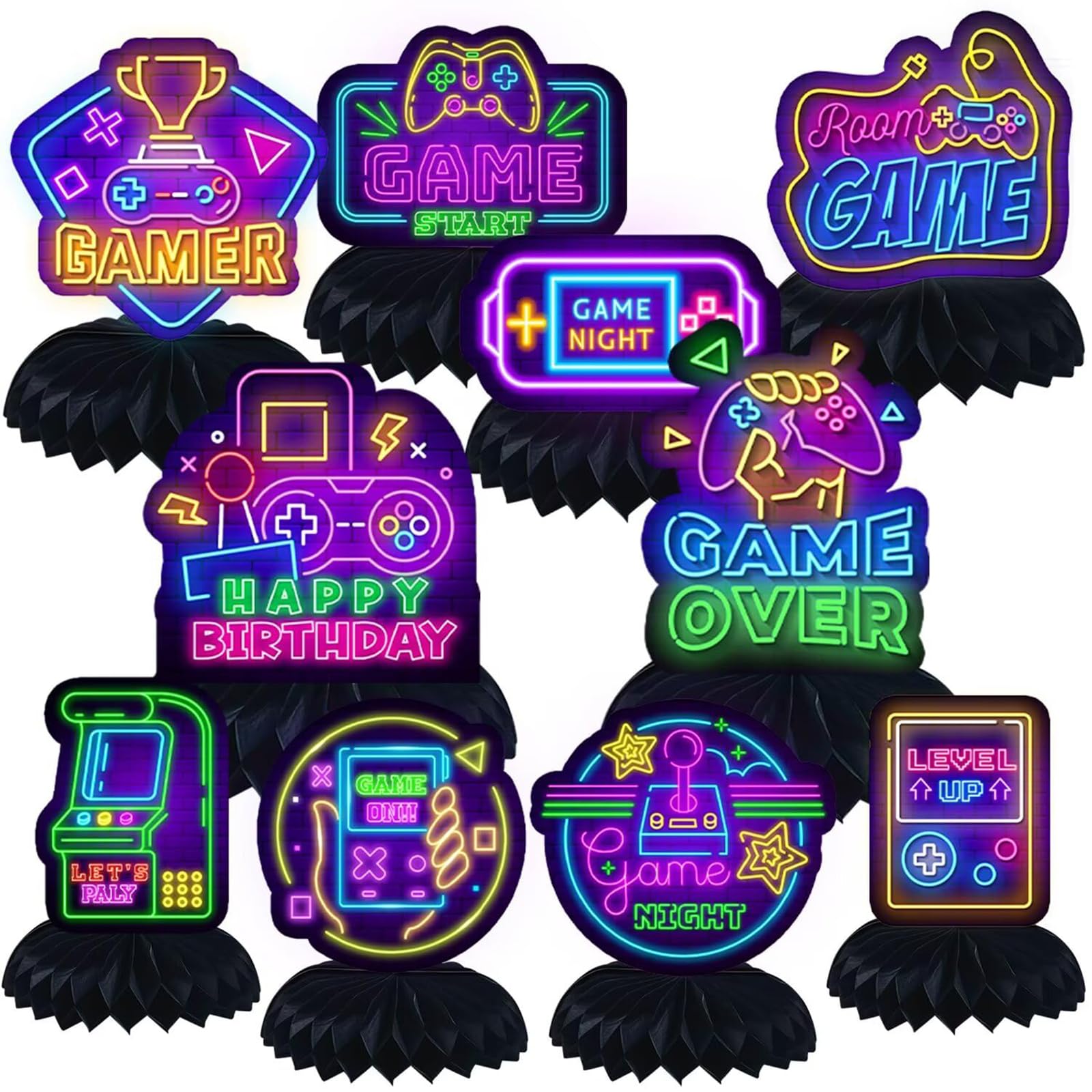Tazuxetuqe 10-Piece Video Game Party Decor – Neon-Colored Gamer Honeycomb Table Ornaments For Boys' Birthday Celebrations, Gaming Room Decorations, Table Centerpieces For
