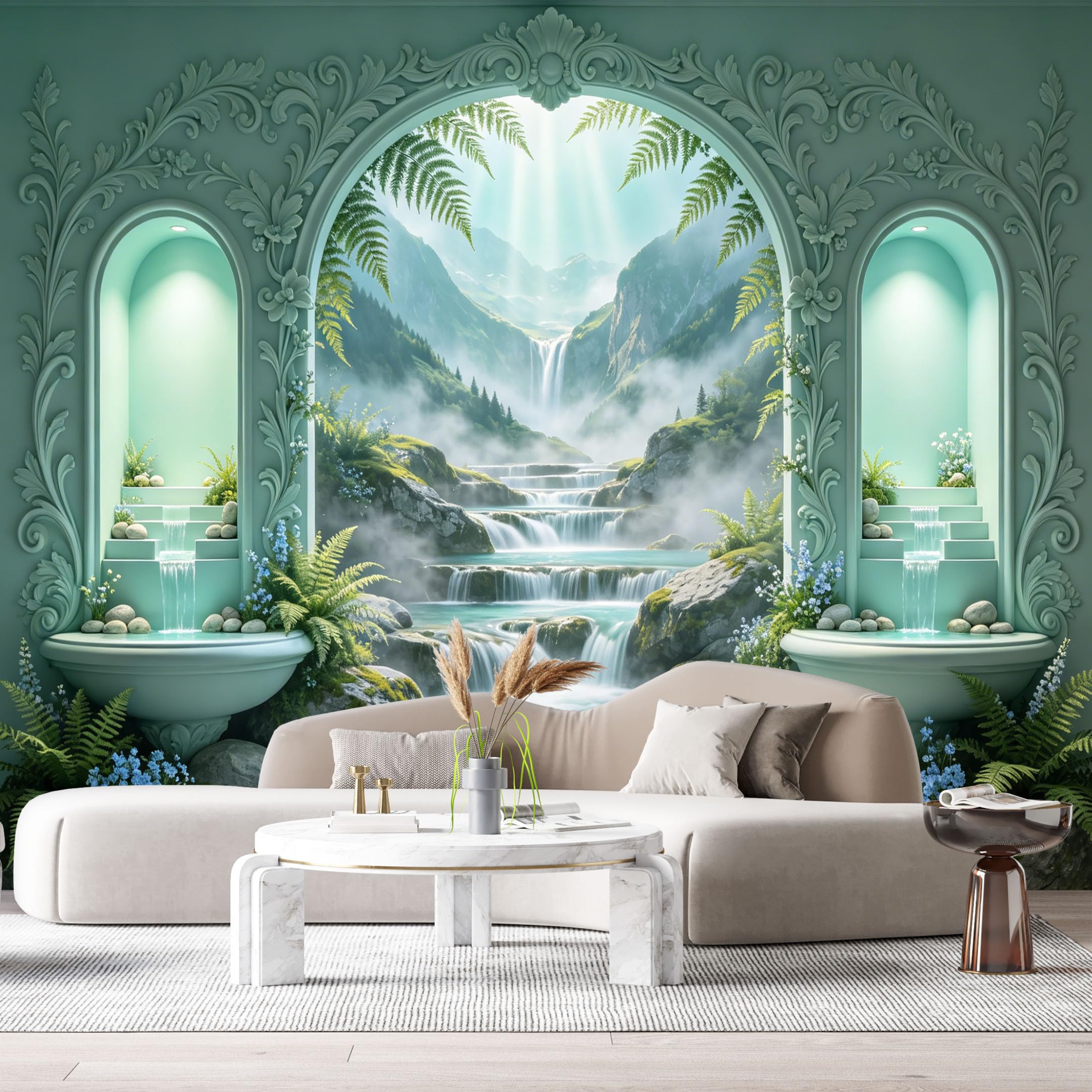 Custom Size Wall Murals Surreal Fantasy Mountain Valley Waterfall Mint Green 3D Trompe L'Oeil SelfAdhesiveWall Fabric Removable Wallpaper Wall Decor for Living Room Bedroom Bathroom