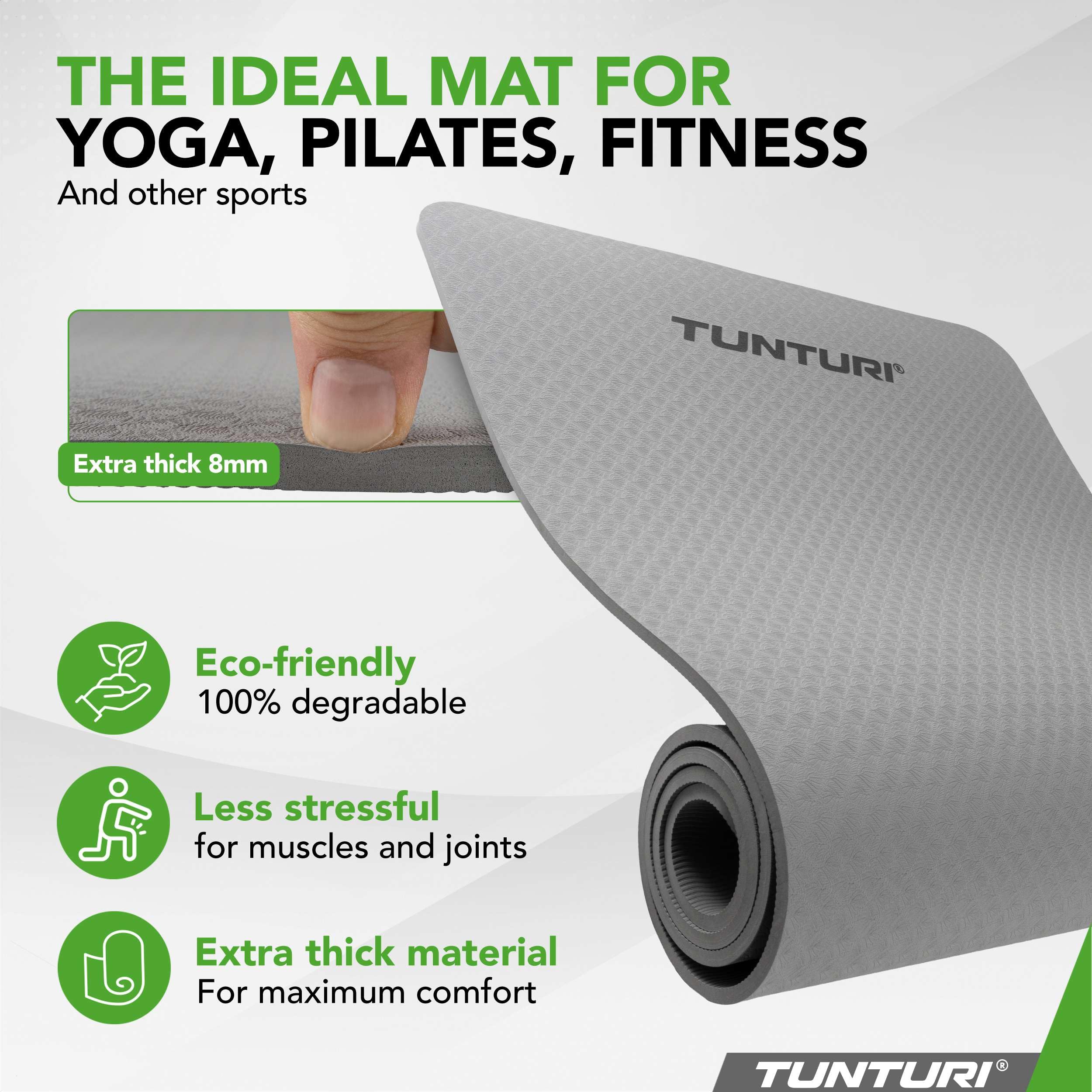 Tunturi Tappetino da yoga spesso 8 mm, antiscivolo, con tracolla, per yoga e pilates, tappetino sportivo, 183 x 61 x 0,8 cm, particolarmente confortevole