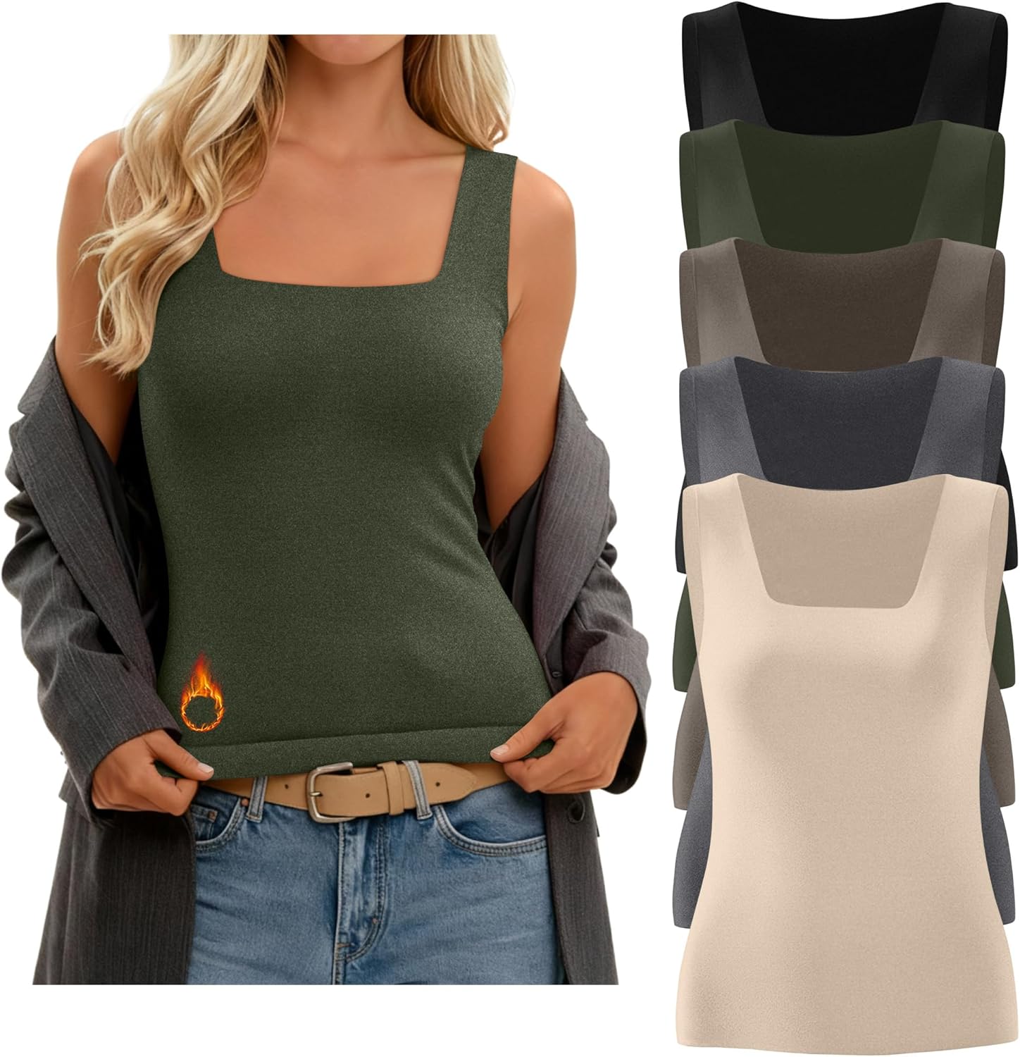 Riyiper 5 Pack Women's Fleece Lined Thermal Tank Top Seamless Square Neck Slim Fit Sleeveless Undershirt Warm Base Layer Vest(Black, Nude Color, Army Green, Coffee, Gray,Small)