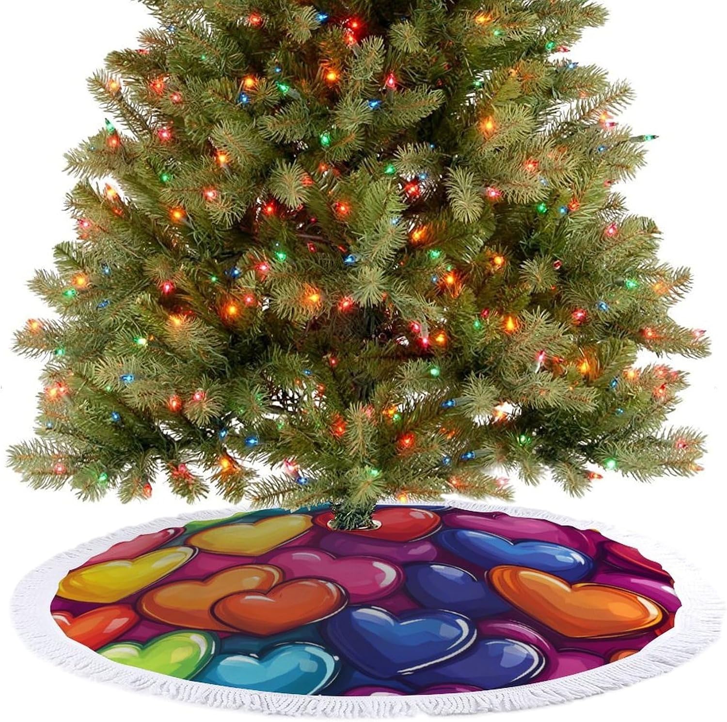 Rainbow Love Heart Christmas Tree Skirt Round Xmas Tree Mat Ornaments Tree Skirts with Tassels for Holiday Party