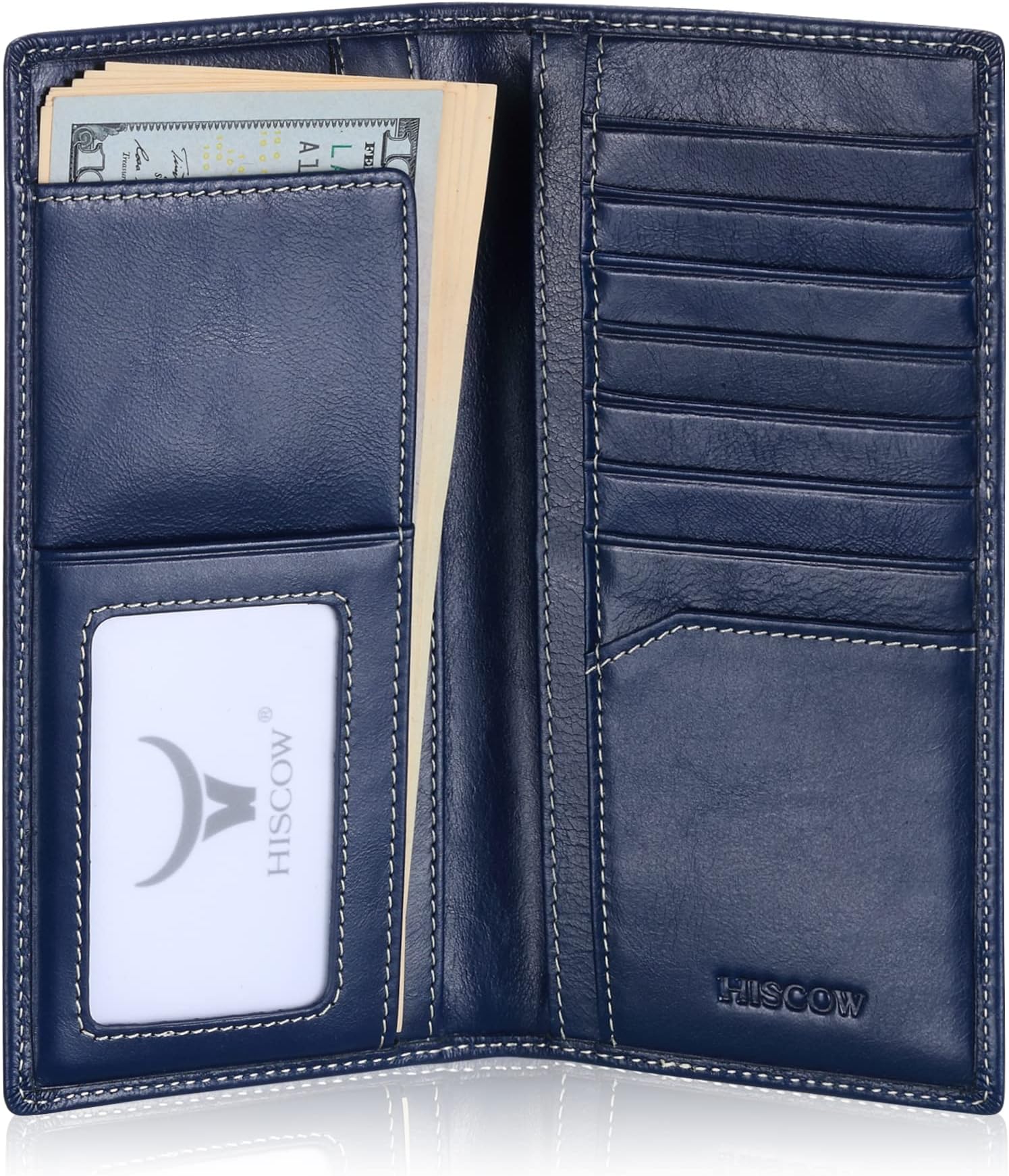 HISCOWSlim Leather Long Wallet for Men, Breast Pocket Wallet for Checkbook, Credit Cards (Antiqued Blue)