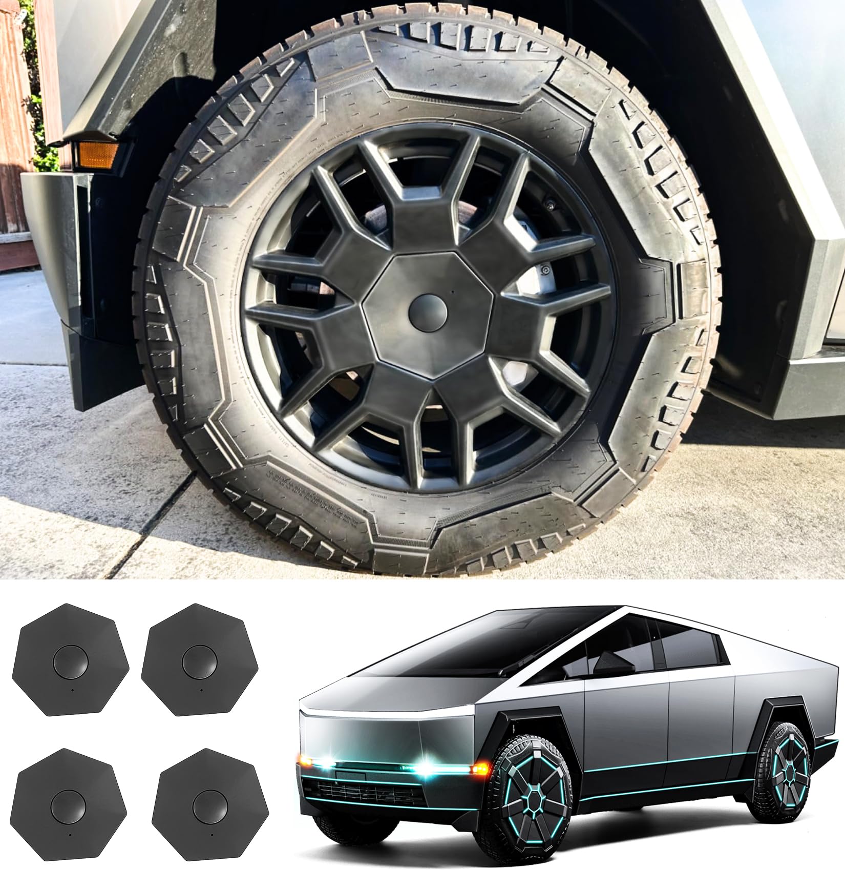 KSGMFED 4PCS Wheel Center Caps Compatible with Tesla Cybertruck 2023 2024 Accessories,Hexagon Full Center Cover Replacement Waterproof Wheel Hub Cap for 2024 Cybertruck Exterior Accessories,Black