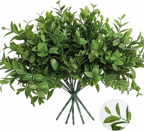 Artificial Greenery Stems 6 Bundles Fake Lucky Bamboo Leaves Plant for Vase | 14.5" Faux Outdoor Plants,UV Resistant Plastic Shrubs for Indoor Outdoor Home Room Garden Patio Front Porch Farmhouse Pathway
