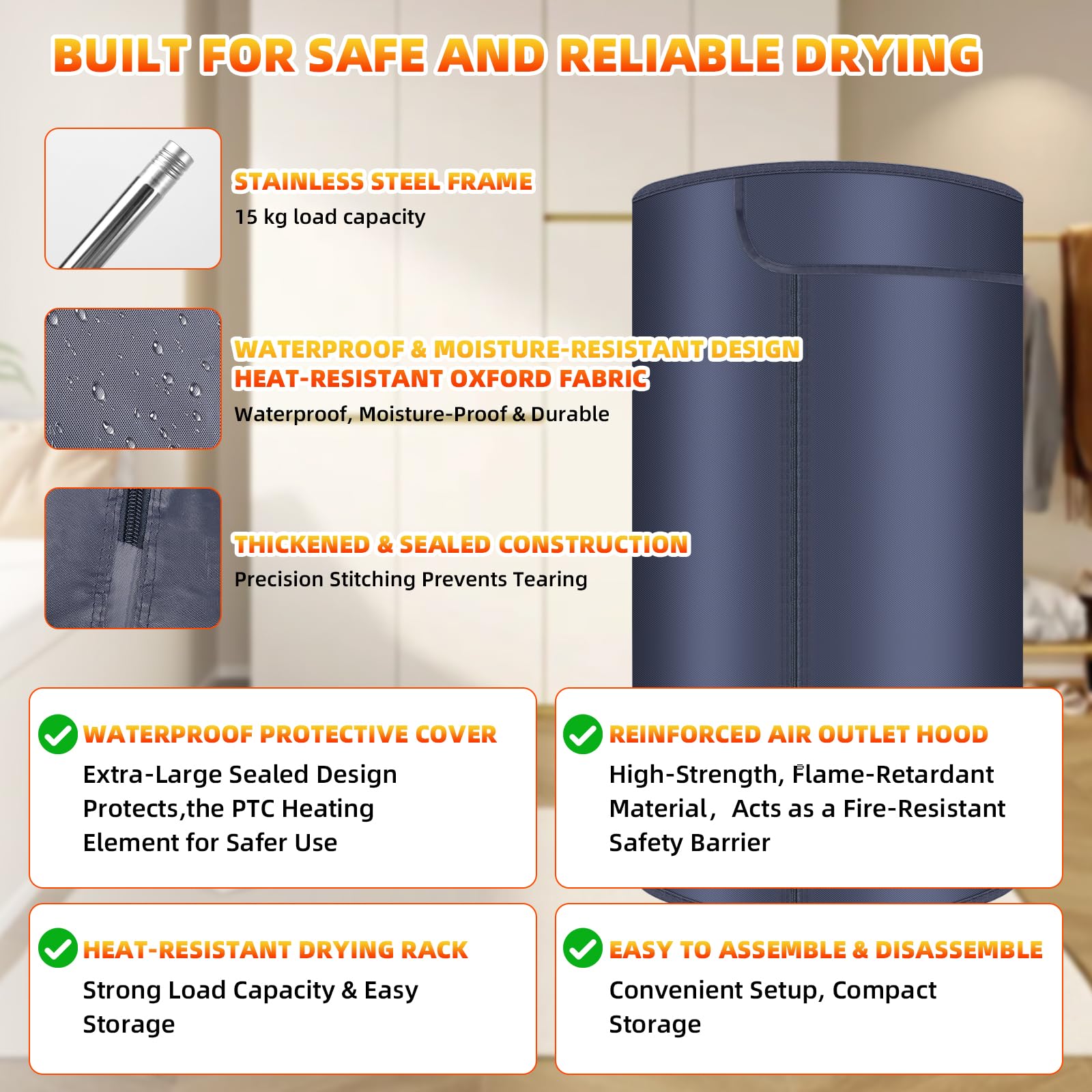 Portable Clothes Dryer, Foldable Electric Mini Dryer with Towel Rack, 900W Heated Drying Pod, 2-Layer 360° Hot Air Drying, Compact Travel Dryer for Home, Apartment, RV & Travel - 5
