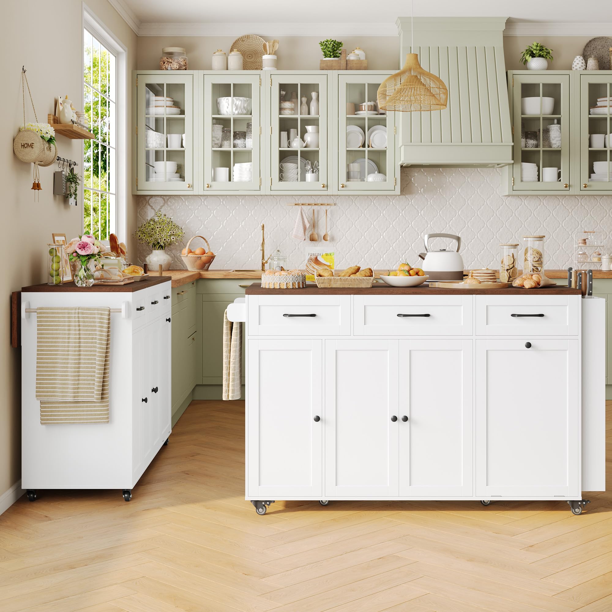 FirFurd Isola Cucina con Presa Integrata e Ruote, Carrello Cucina con Piano di Lavoro Pieghevole e Portacoltelli, Penisola Cucina con Spazio per Bidone, 135x60x88cm, Senza Bidone, Bianco