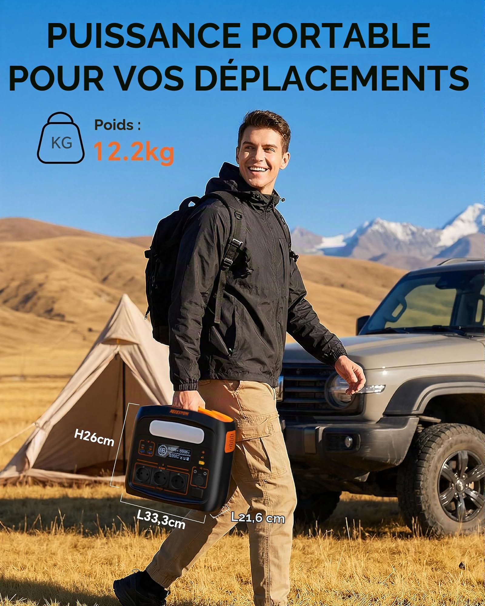 Station d'alimentation portable 1800 W (pointe de 3600 W), batterie LiFePO4 1024 Wh, charge rapide en 65 min, PD 100 W, USB-C/AC/DC, charge solaire, pour camping, courant d'urgence, extérieur
