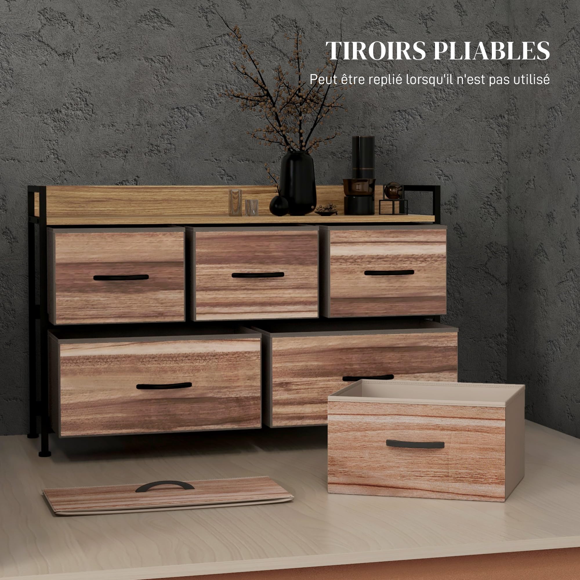 HOMCOM Commode Meuble de Rangement 5 Tiroirs 98x29x63 cm Noir
