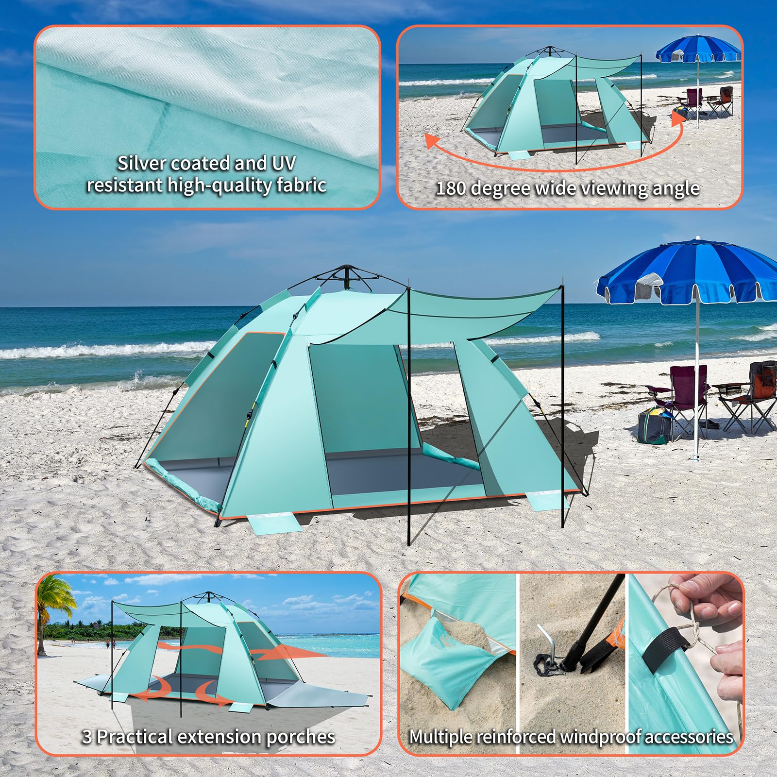 4-5 Person Instant Pop Up Automatisches Strandzelt, Extra großes tragbares belüftetes automatisches Sonnenschutz mit 3 erweiterbarer Veranda, UPF 50+ Easy Setup Strandmuschel für Picknick, Strand