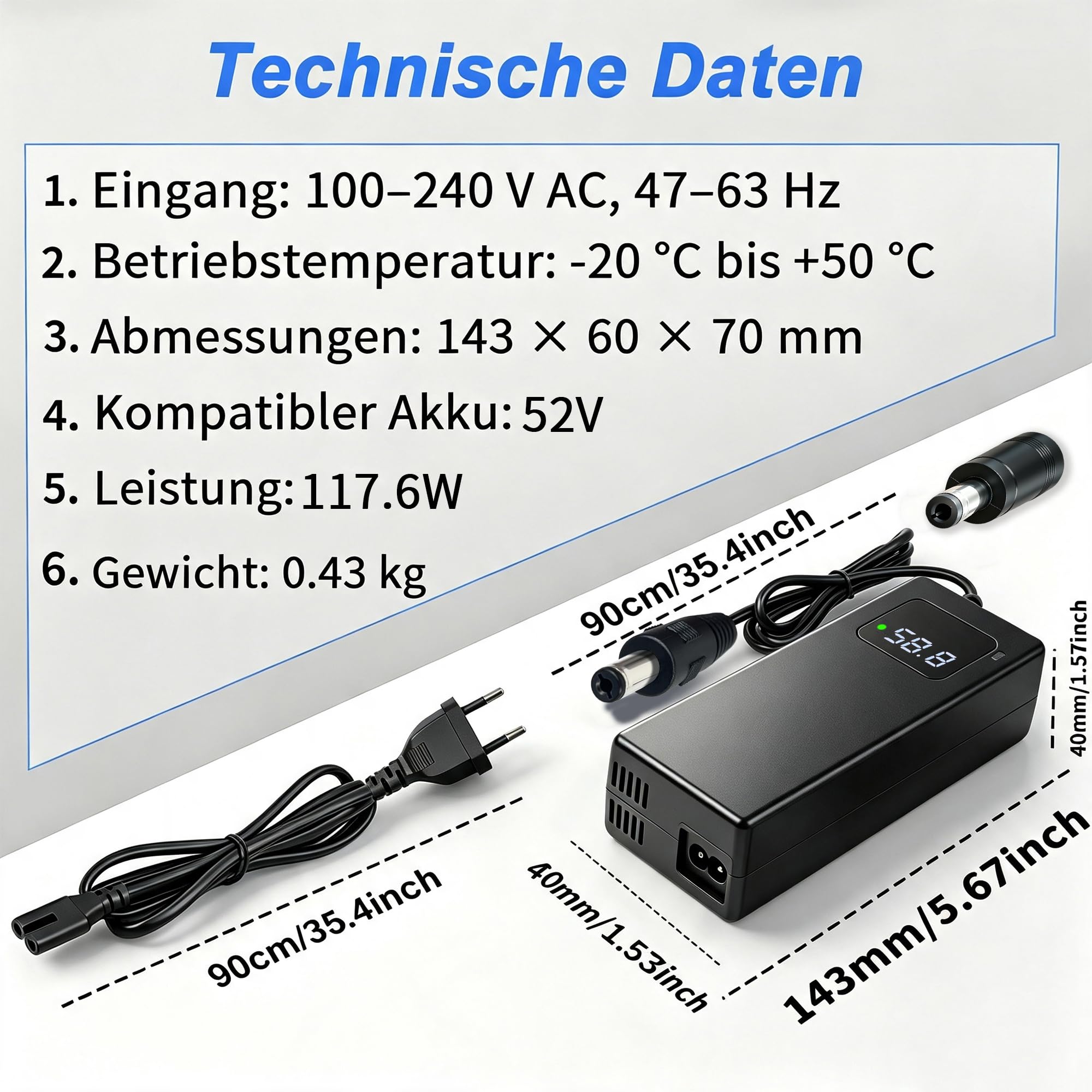 Chargeur de batterie au lithium 58,8 V 2 A adaptateur CA pour batteries 14S 52 V/51,8 V, avec indicateur de tension LED en temps réel, équipé d'une prise DC 5,5 × 2,1 mm (avec adaptateur 5,5 × 2,5 mm)