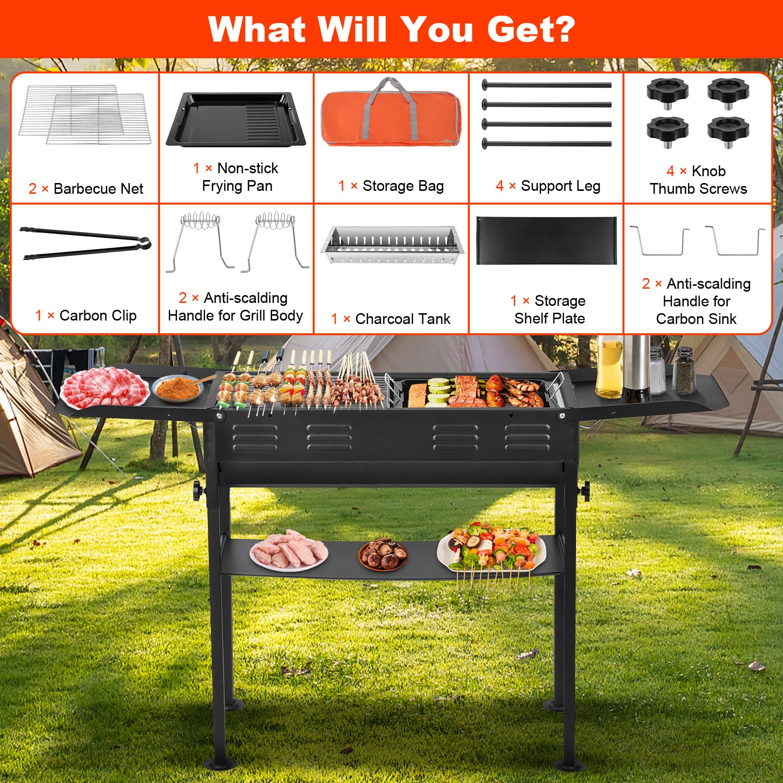 Parrilla de carbón portátil – Parrilla plegable de 26 pulgadas, parrilla Hibachi, parrilla de barbacoa al aire libre para patio trasero, camping, viajes, fiesta, picnic, Acción de Gracias 9