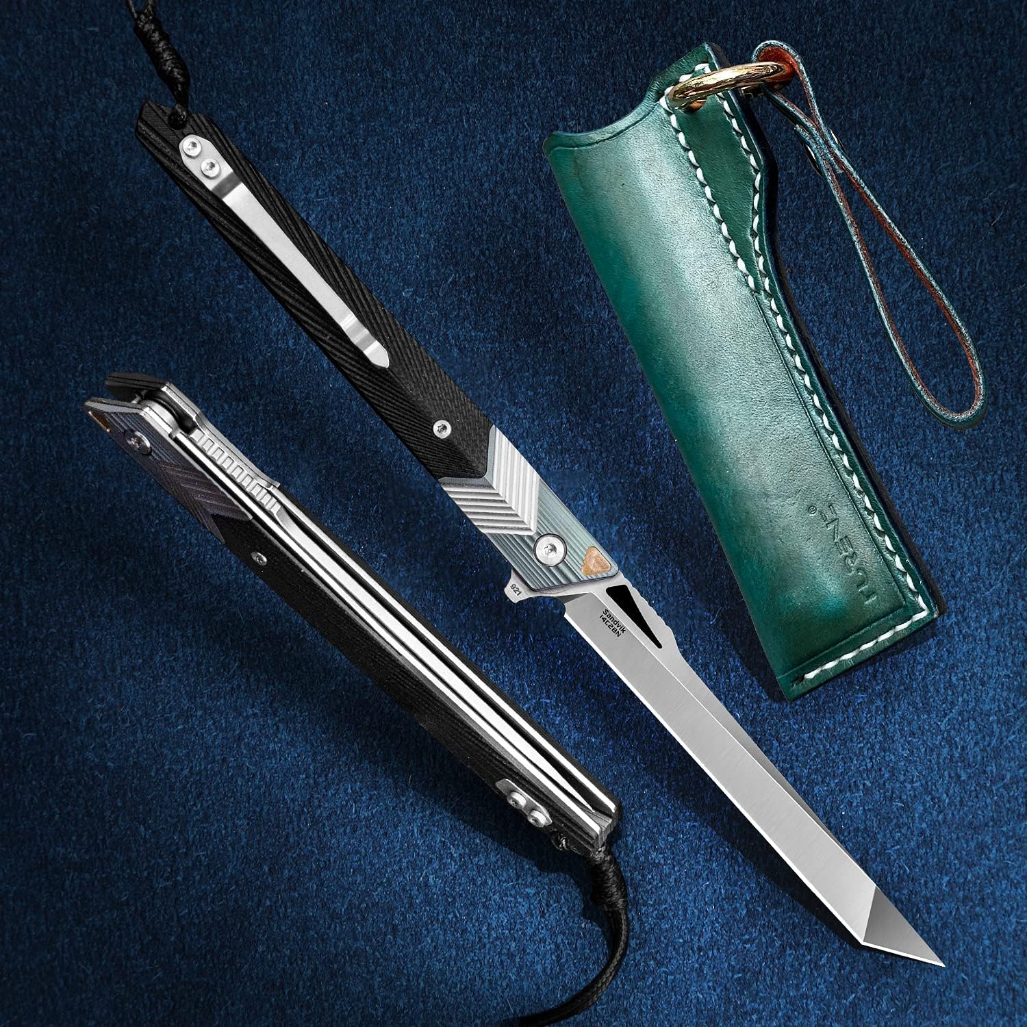 Folding Knife with Clip, 14C28N Steel Tanto Blade, Non-slip Titanium Alloy Handle Lightweight EDC Gentleman's Pocket Knife with Sheath for Belt