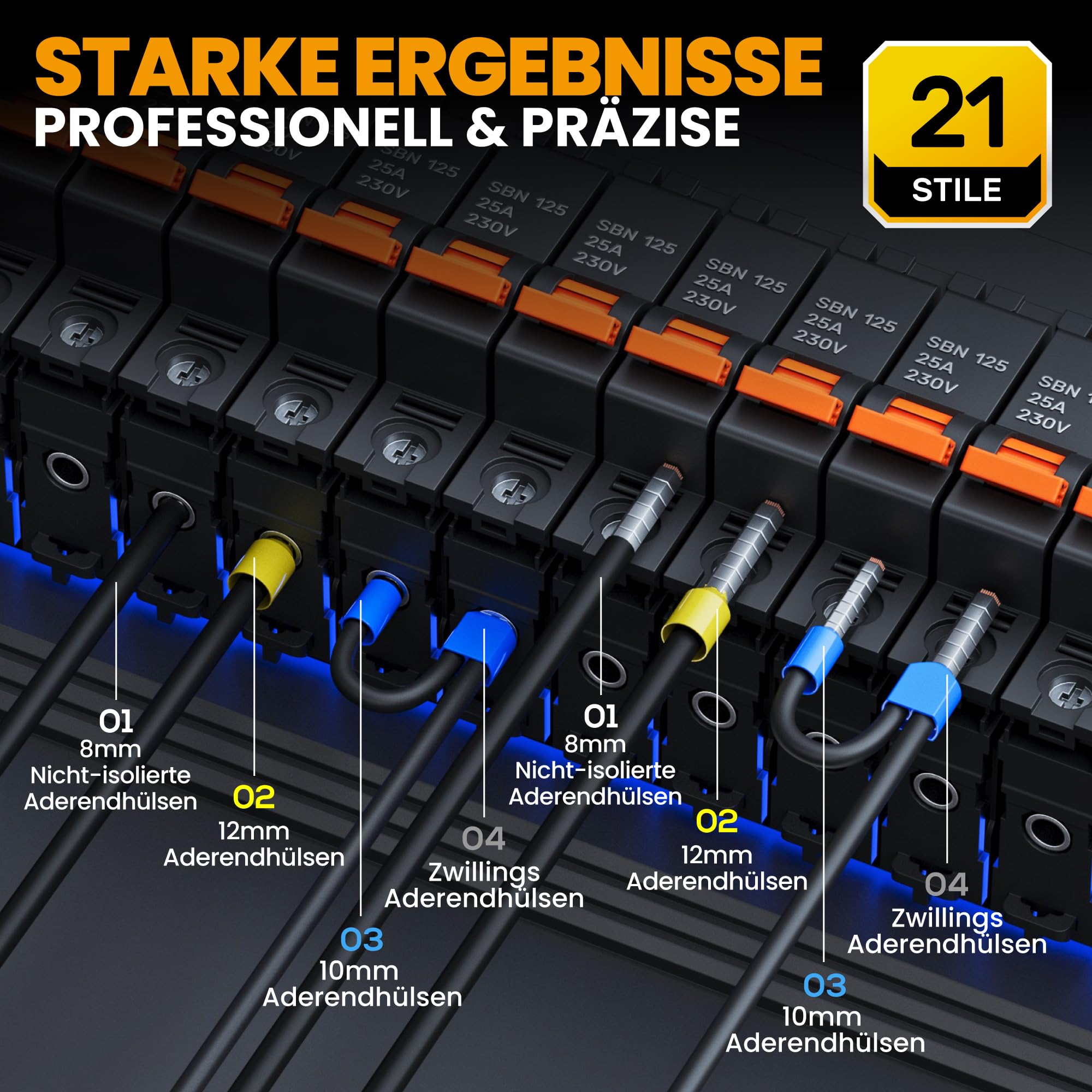 SOMELINE Sechskant Crimpzange Set, 21 Arten [0,25-10mm²] Aderendhülsen Set, Selbsteinstellend Sechskant Aderendhülsenzange - Krimpzange - Crimpzangen - Presszange - Crimp Zange