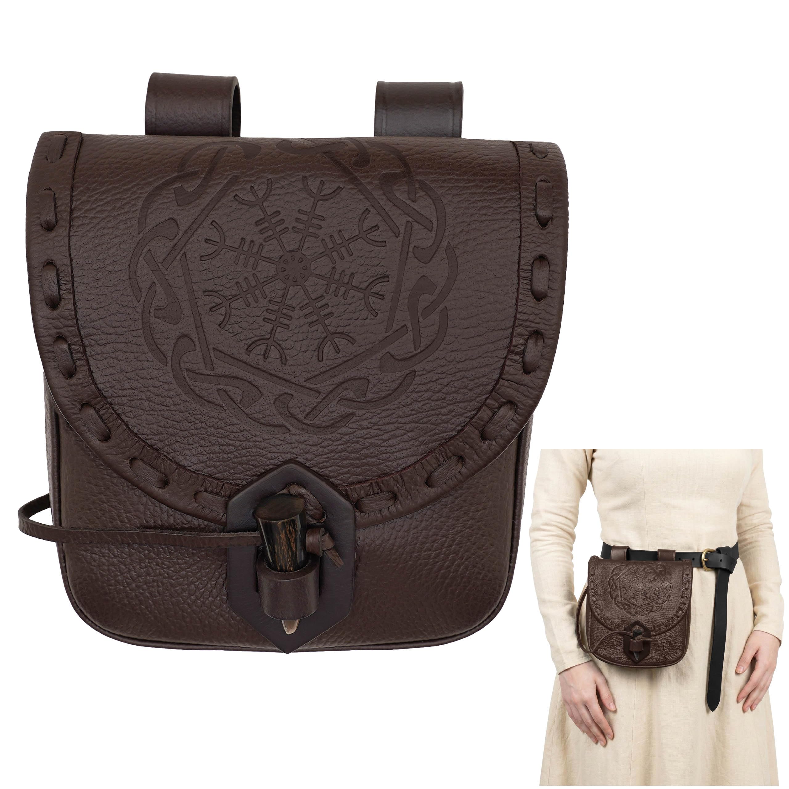 Mythrojan Belt Pouch Viking Leather Bag Medieval Embossed Belt Bag Renaissance Costume Accessories LARP Waist Bag Cosplay Coin Purse Antique Vintage Coin Pouch - Brown
