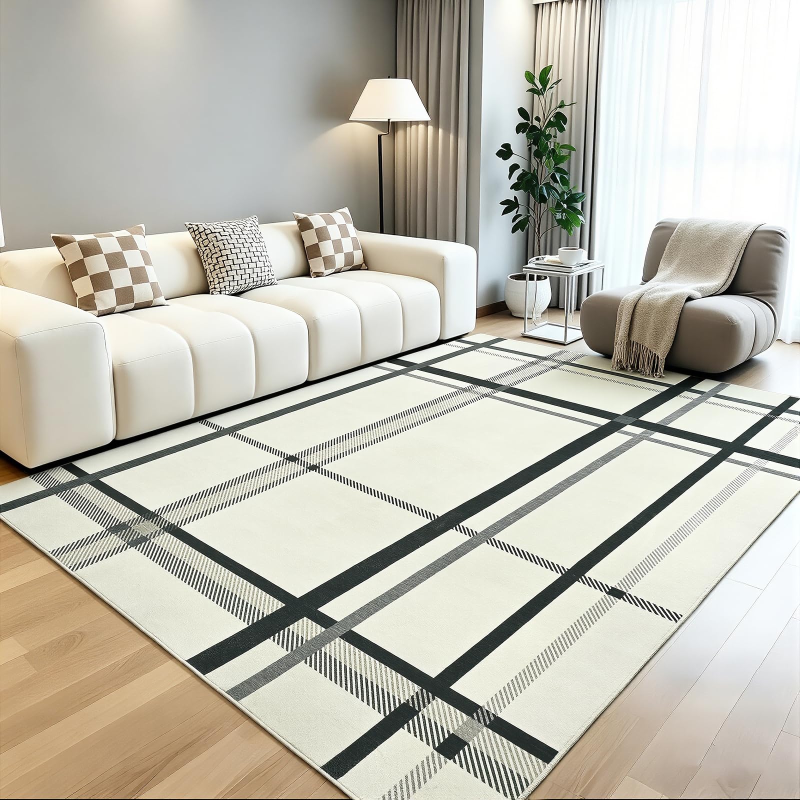 Terrug Beige Striped Checkered Rug for Living Room, 5x7 Washable Area Rugs