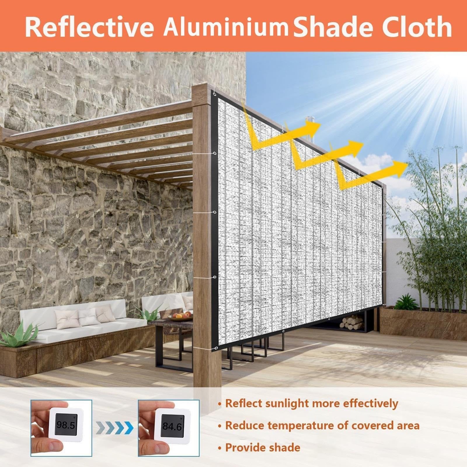 Tessuto Parasole In Alluminio Telo Riflettente Al Calore Resistente Al 99%. | Copertura parasole per esterni con occhielli per cortile auto, giardino, patio, serre, canile(3x5m/10x16.4ft)