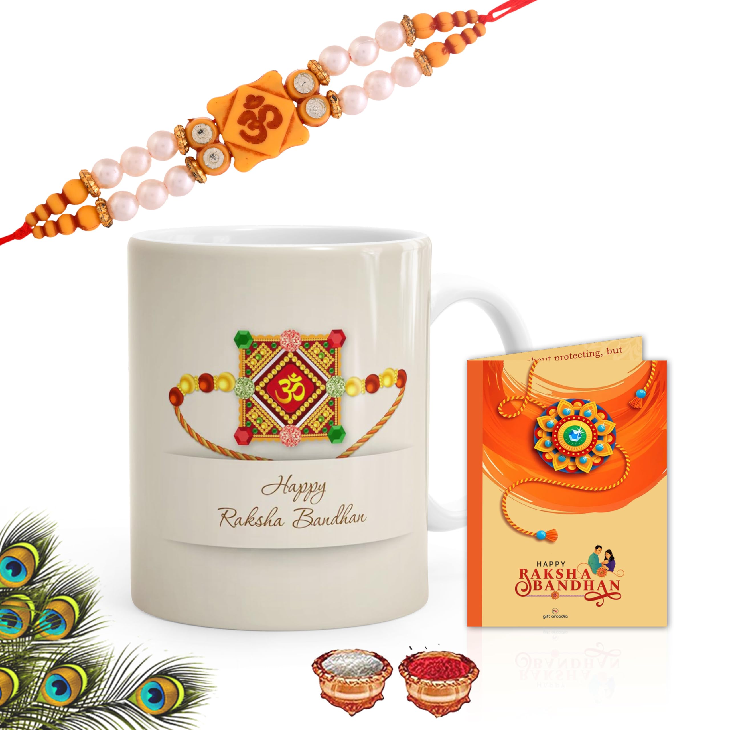 Gift Arcadia Rakhi for Brother with Ceramic Mug, Greeting Card and Roli Chawal Combo Pack of 4 | Best Rakhi Gift for Brother, Kids, Boys Rakhi gift set Combo (OM)
