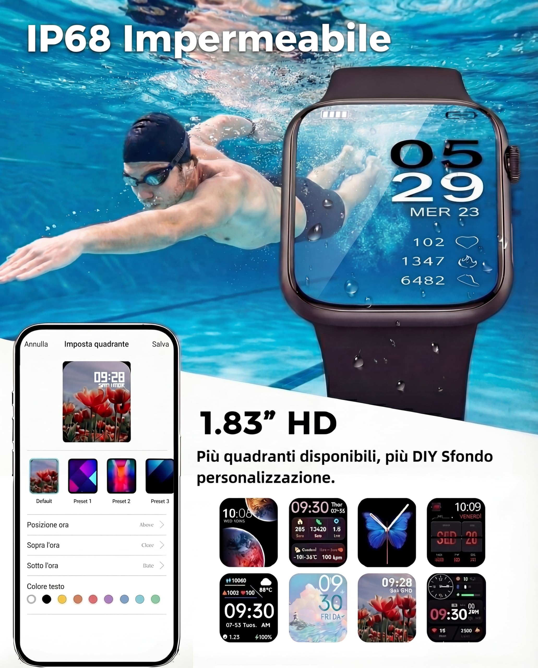 Smartwatch Uomo Donna, 1.83'' Orologio Smart Watch con Chiamata Bluetooth,Pressione Sanguigna/Cardiofrequenzimetro/Sonno,Contapassi,120+ Modalità Sportive,Impermeabile IP68 Fitness Tracker Android iOS