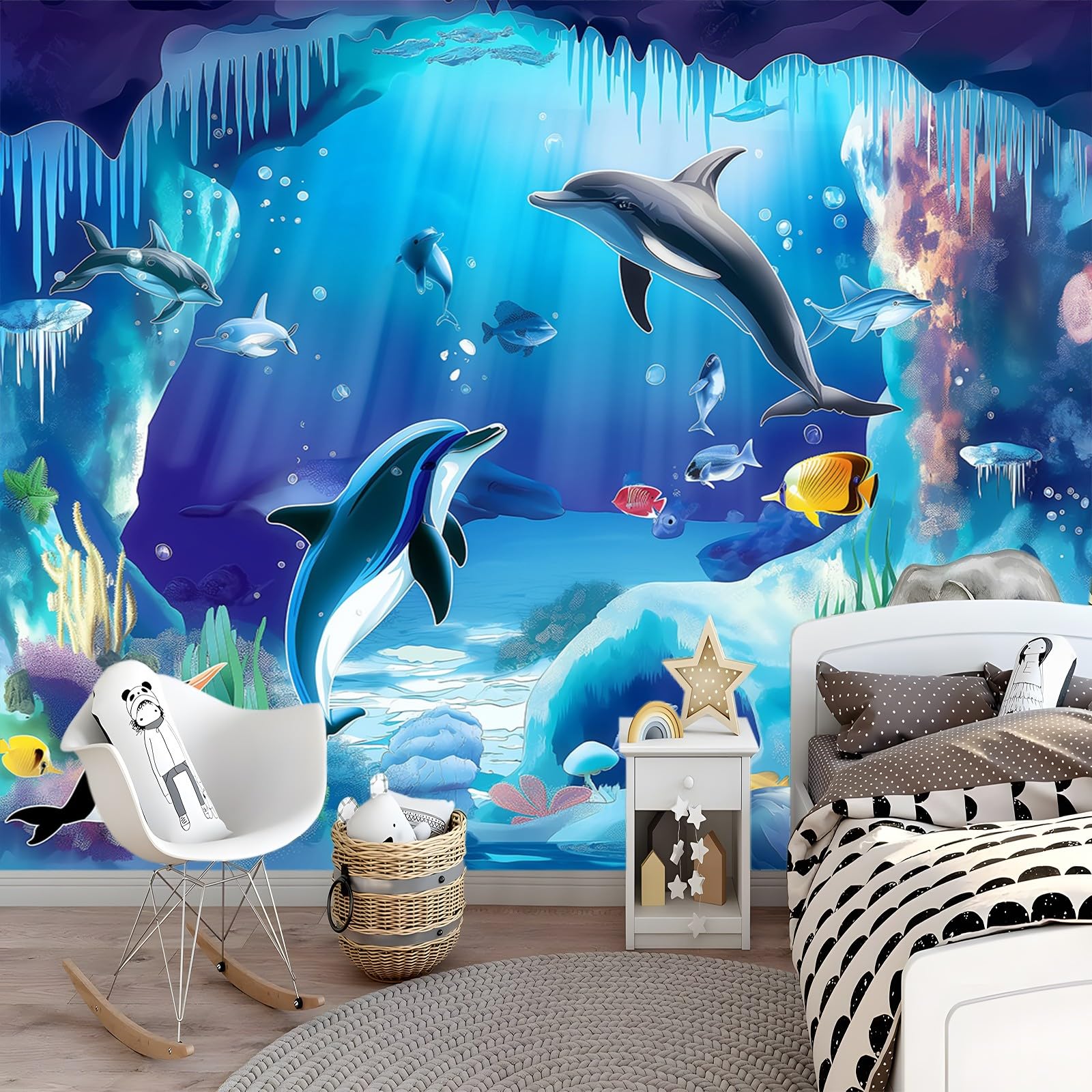 Tapeta 300 x 210 cm, tapeta na fizelinie, kreskówka, ocean, morze, delfin, wodoodporna, folia ochronna na ścianę, do sypialni, salonu, folia meblowa, tapeta ścienna, kolorowa, w zestawie poradnik do