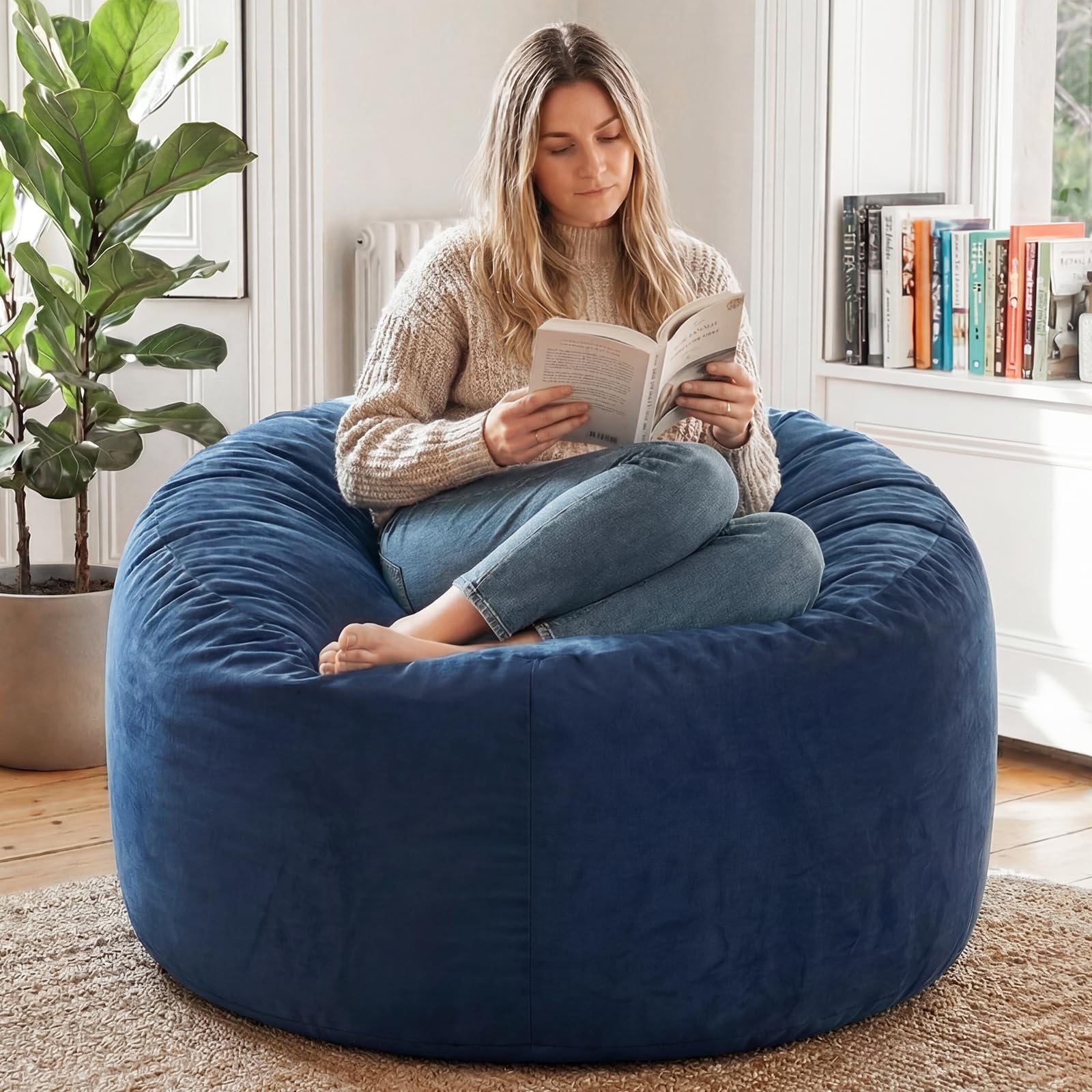 YuppieLife Large Foam Filled Bean Bag Chairs for Kids Teenagers Adults Living Room Gaming Relaxing 4F Machine Washable Lazy Sofa（Blue