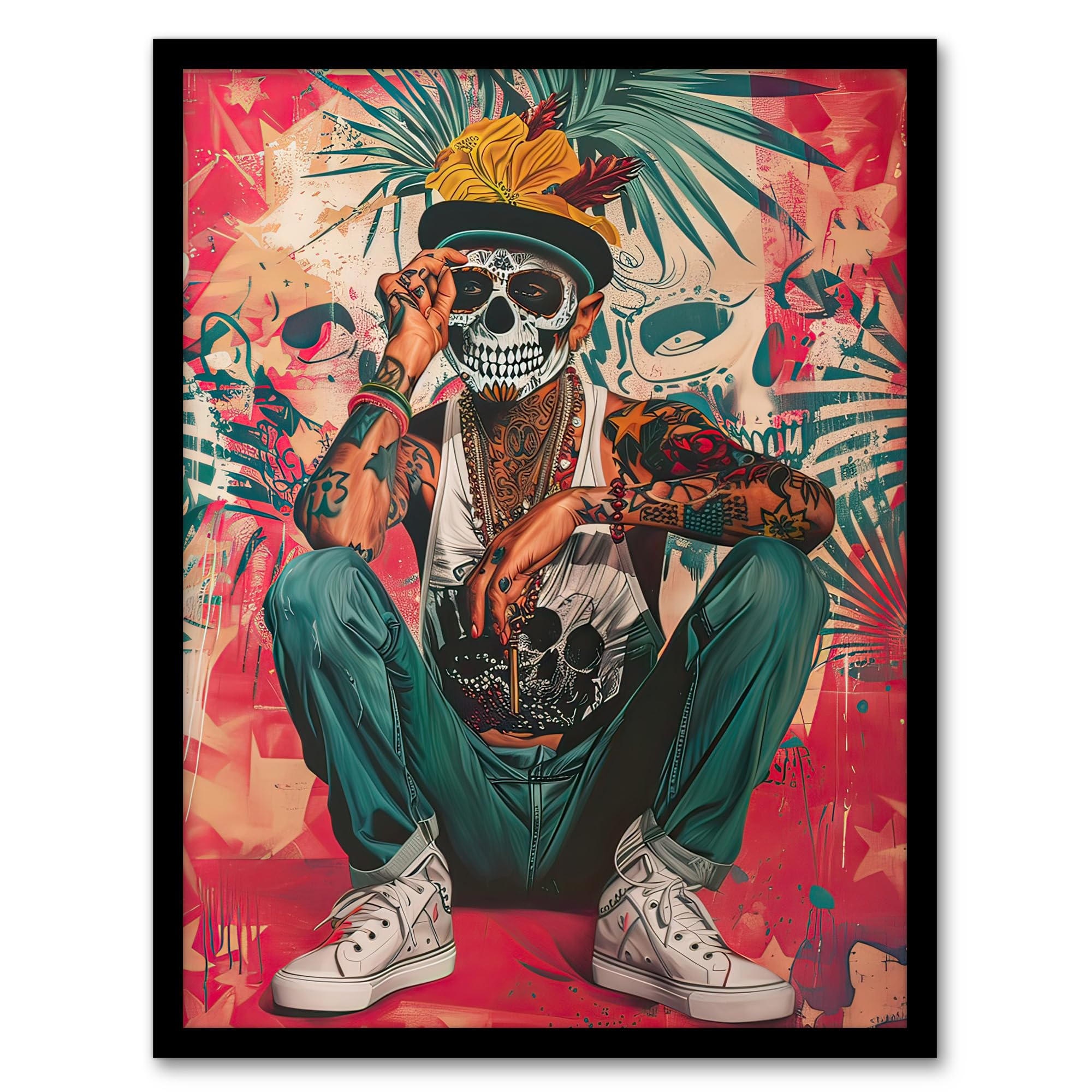 Artery8 Day of the Dead Portrait Tattoos Street Art Mexican Living Room Artwork Framed Wall Art Print 18X24 Inch