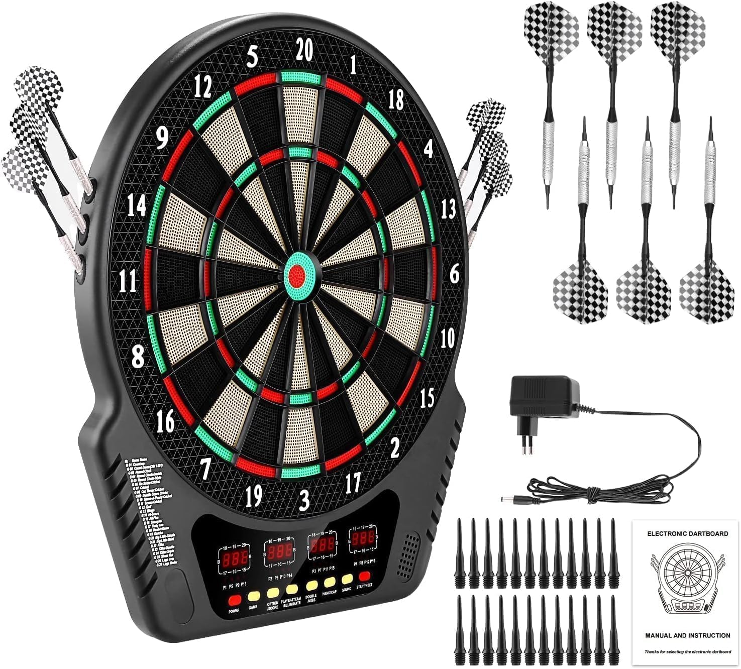 Elektronische Dartscheibe Set Professionelle E-Dartautomat 4 LED-Anzeigen Sprachansagen 27 Spiele 243 Spieloptionen 6 Darts für 1-16 Spieler geeignet Zuhause Partys Bar