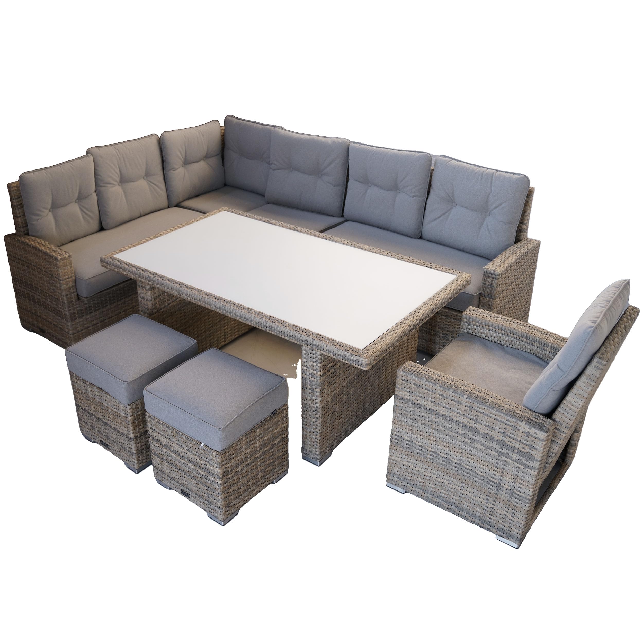 Ragnarök-Möbeldesign hohe Dining Lounge - DEUTSCHE Hersteller PolyRattan Gartenmöbel Weißes GlasZwei hellbraune Halbkreissofas graue Kissen
