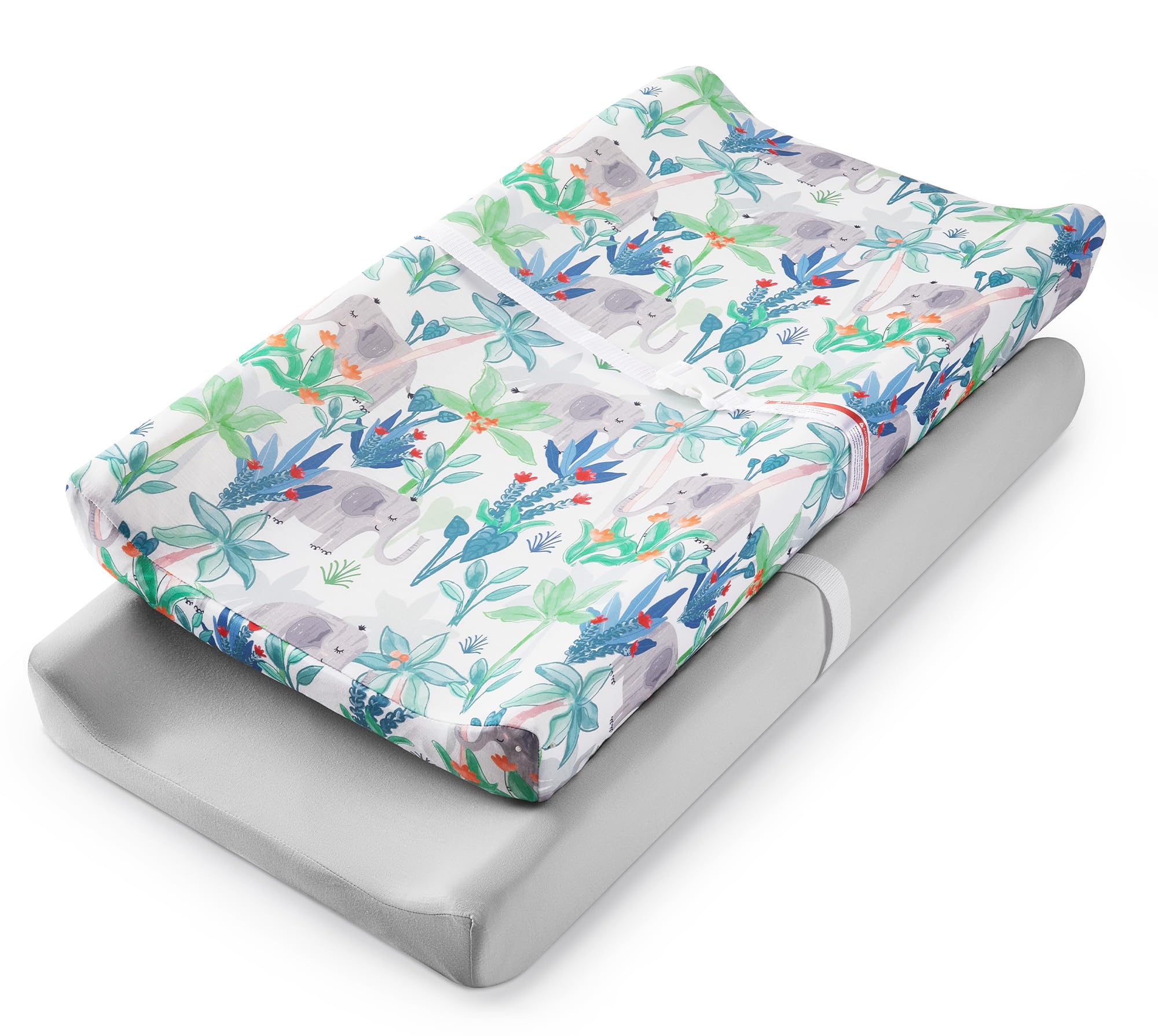 TILLYOU Baby Changing Pad Cover, Changing Table Cover for Girls Boys, Ultra Soft Breathable, 2 Pack Rainforest Elephant & Grey