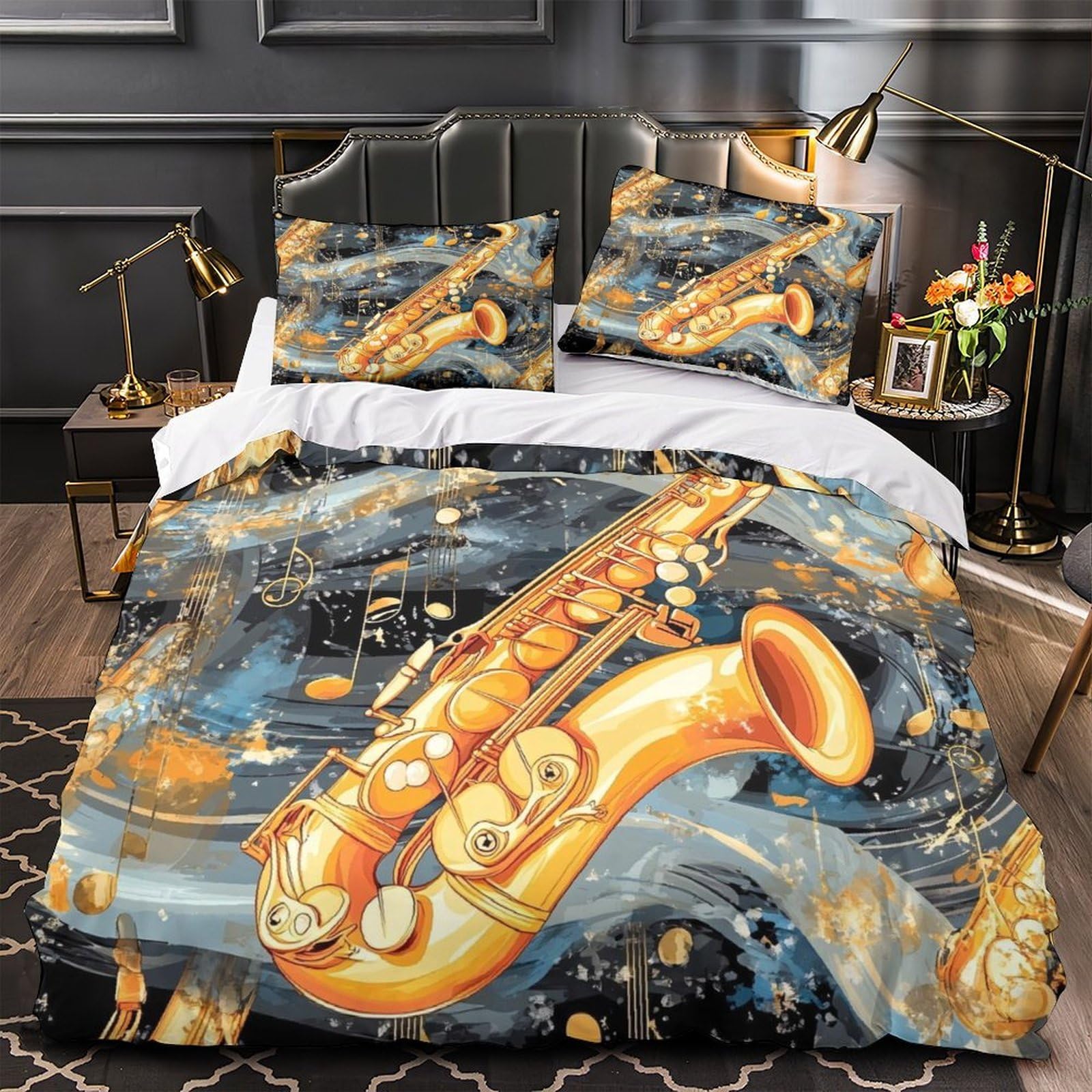 Arte del sassofono Impressione 3D 3 pz fodera per edredone Stile di illustrazione della musica jazz coperteletto microfibra ipoallergenica zip per bambini adolescenti adulti Super king（260x220cm）