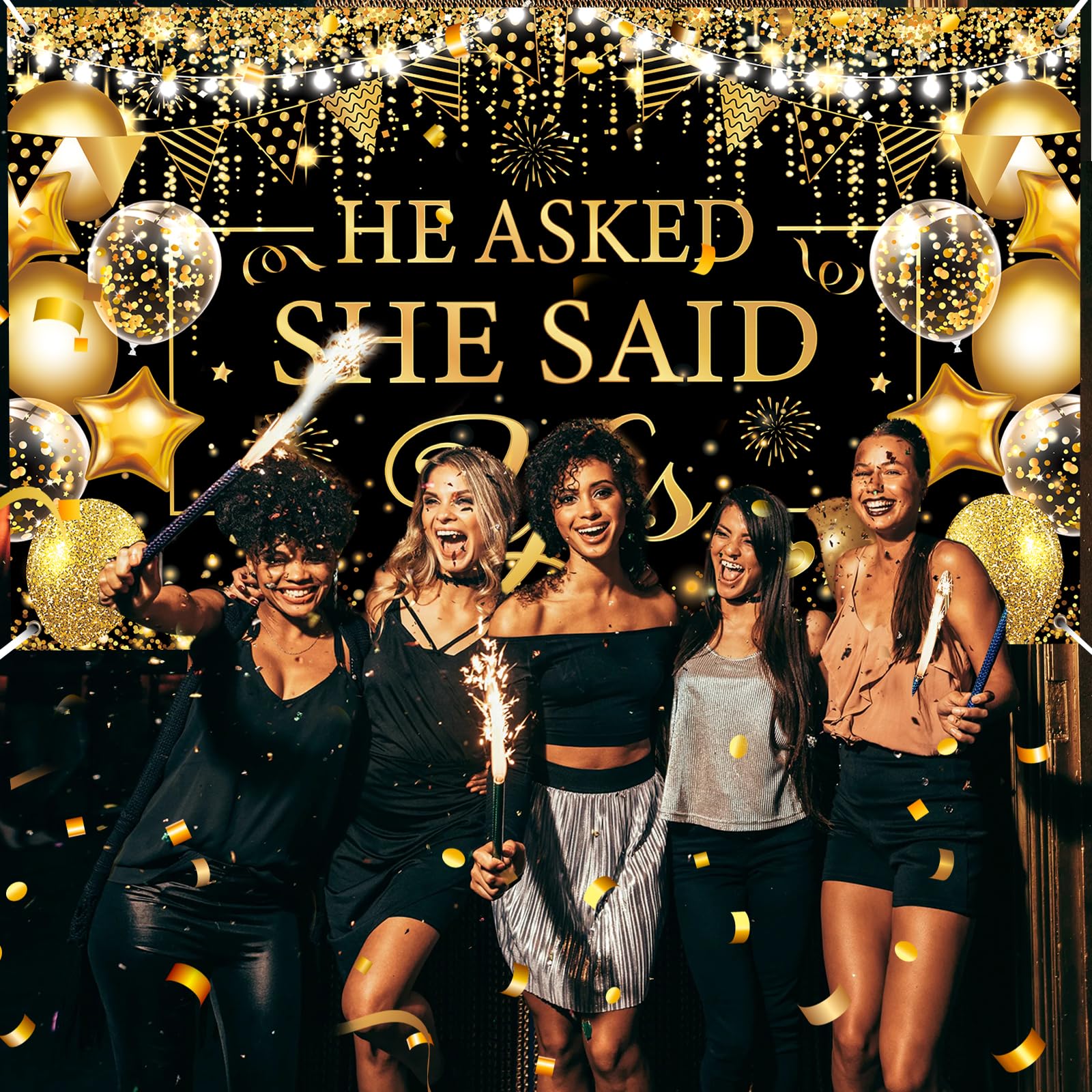 Amazon.com: Gold Engagement Party Decorations Black Gold Engagement Banner  Backdrop He Asked She Said Yes Banner Decorations Wedding Just Engaged  Backdrop for Wedding Happy Engaged Party Favors : Toys & Games
