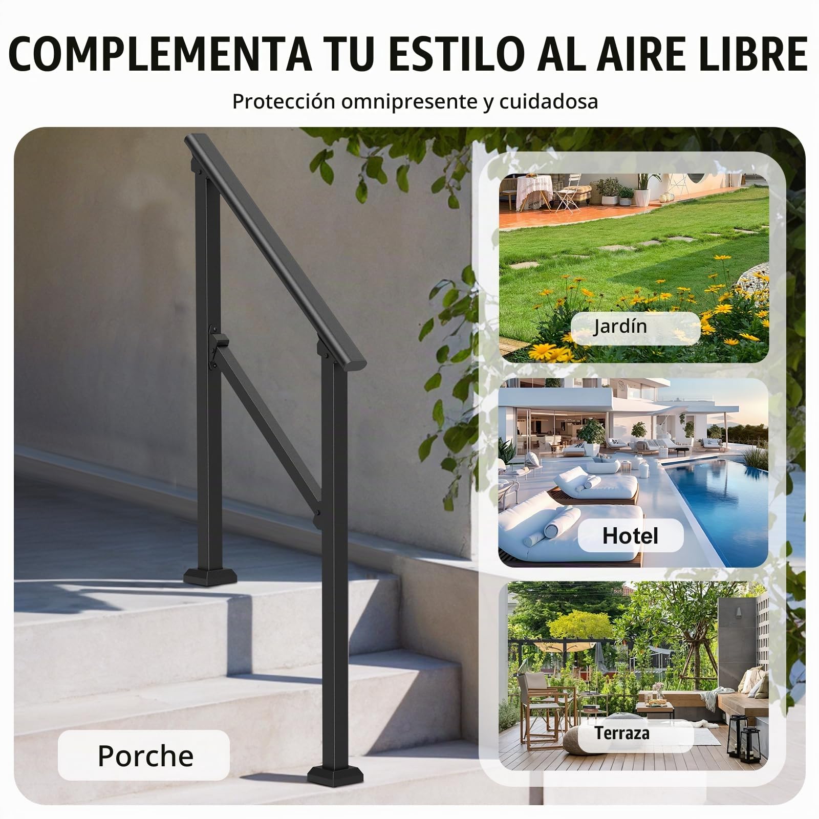 VEVOR Barandilla de Escalera para Pasamanos de Escalera de 2-3 Escalones con Kit de Instalación Tubo Cuadrado de Acero al Carbono para Personas Mayores, Escalones de Concreto, Porche, Patio, Negro