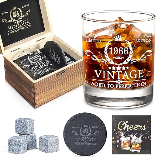 60th Birthday Gifts for Men Whiskey Glass Set - 60th Birthday Decorations, Party Supplies - 60 Year Anniversary, Bday Gifts Ideas for Him, Dad, Husband, Friends - Wood Box & Whiskey Stones & Coaster