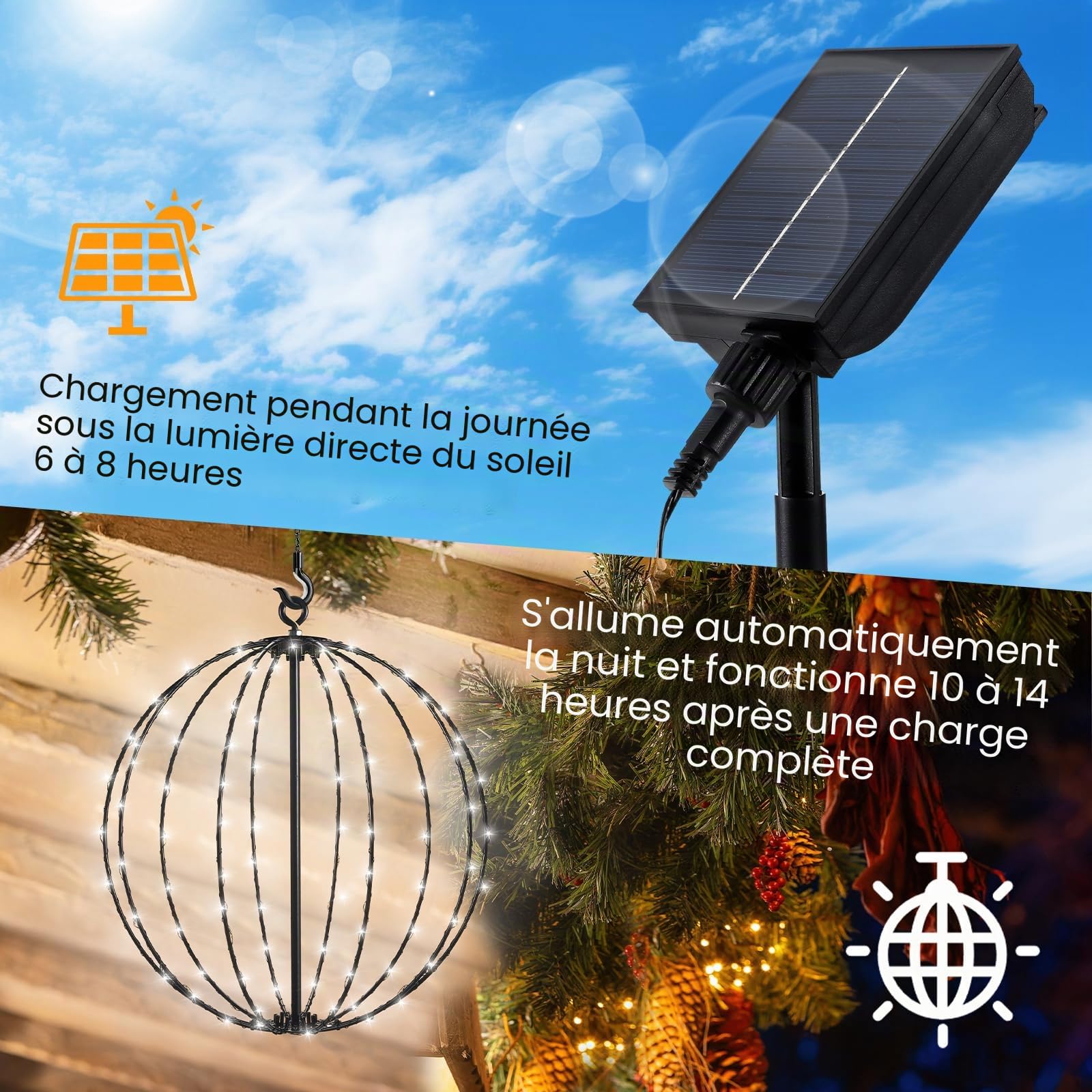 Lanterne Solaire Exterieur Jardin à Suspendre, JIMACRO 30cm Grande Guirlande Lumineuse à LED Métal Lampe Solaire Exterieur Decorative 120 LEDs Étanche Lumière Décorative de Noël