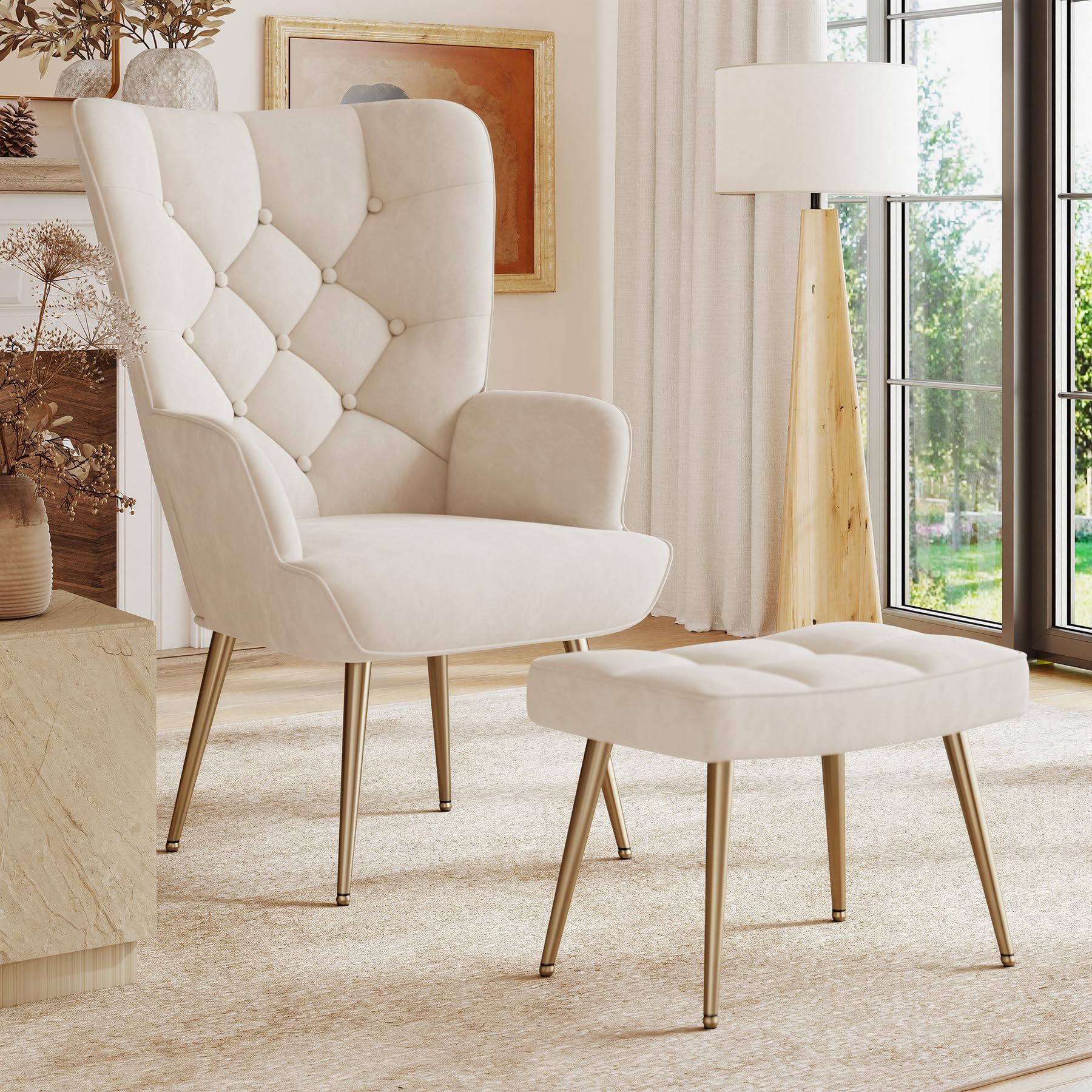 Aivermeil Armchair Tub Chair,with Footstool,High back with gold legs Comfy,Velvet Chair, for Bedrooms, Living rooms,Relaxation,150kg Load Capacity Cream