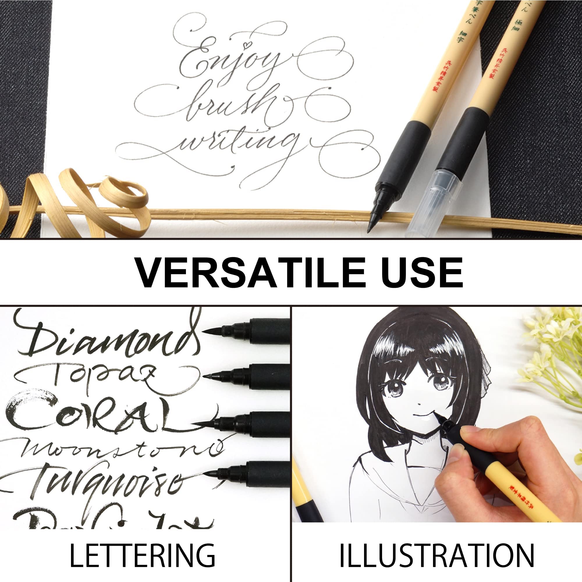 Kuretake Bimoji Brush Pen, Extra Fine, Midium, Broad, Midium/Bristles, Value Set of 5, XT/5VAZJ