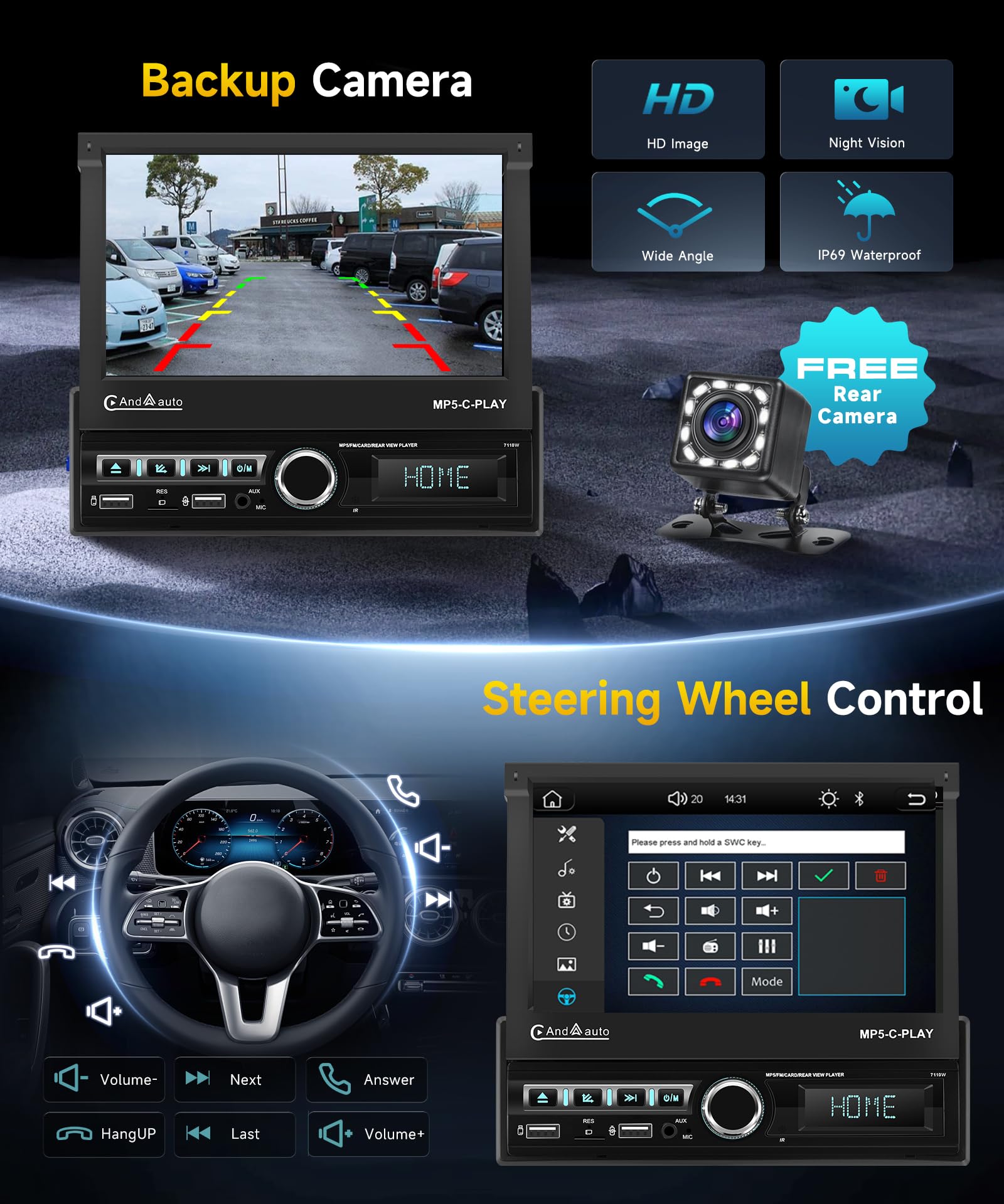 VECHTEL Radio para Coche 1 DIN Carplay Android Auto Inalámbrico con Pantalla retráctil eléctrica 7“,Radio FM 1 DIN con Bluetooth,GPS/Navegación,Mirror Link 2 USB/AUX/SD con cámara de visión Trasera