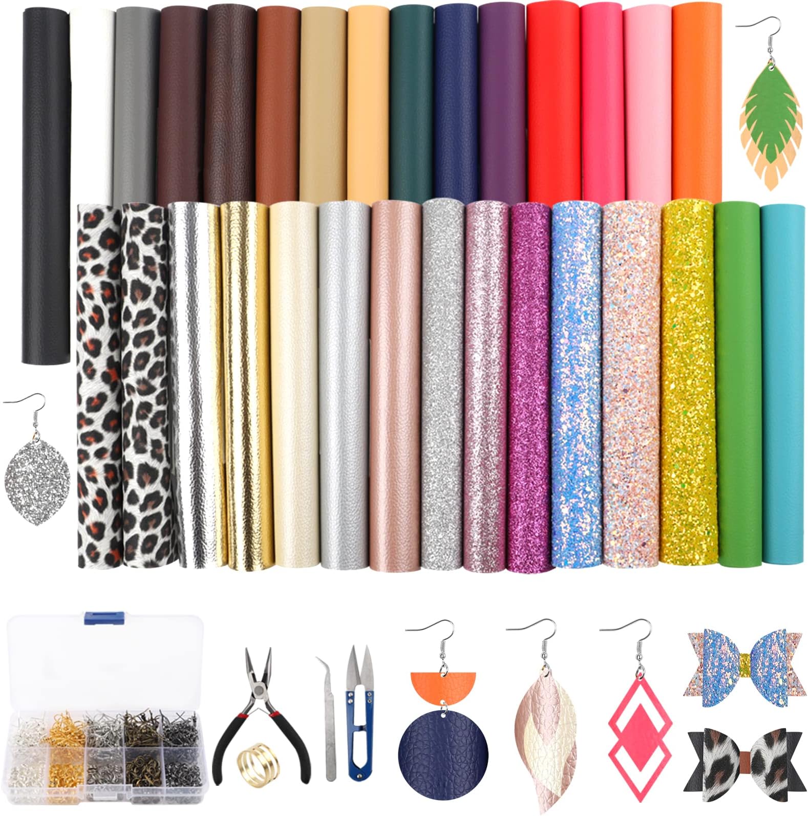SGHUO 30pcs Faux Leather Sheets Earring Making Kit Include 4 Kinds of Faux Leather Sheet and Tools for Earrings Craft Making Supplies