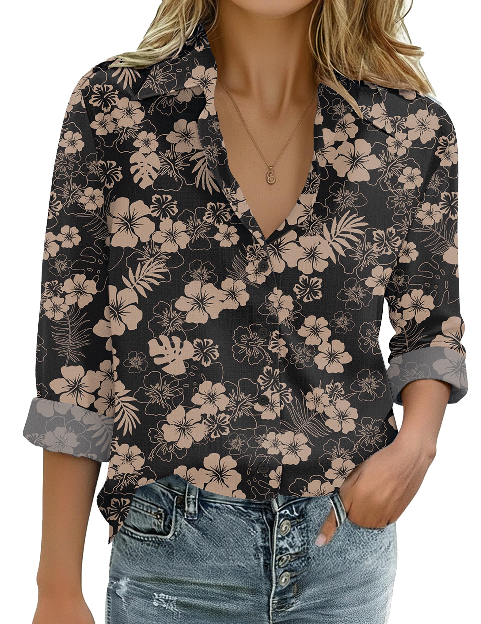 Zeagoo Womens Cotton Linen Button Down Shirts Loose Fit Long Sleeve Collared Blouse Casual V Neck Tops Outfits S-3XL — view 7